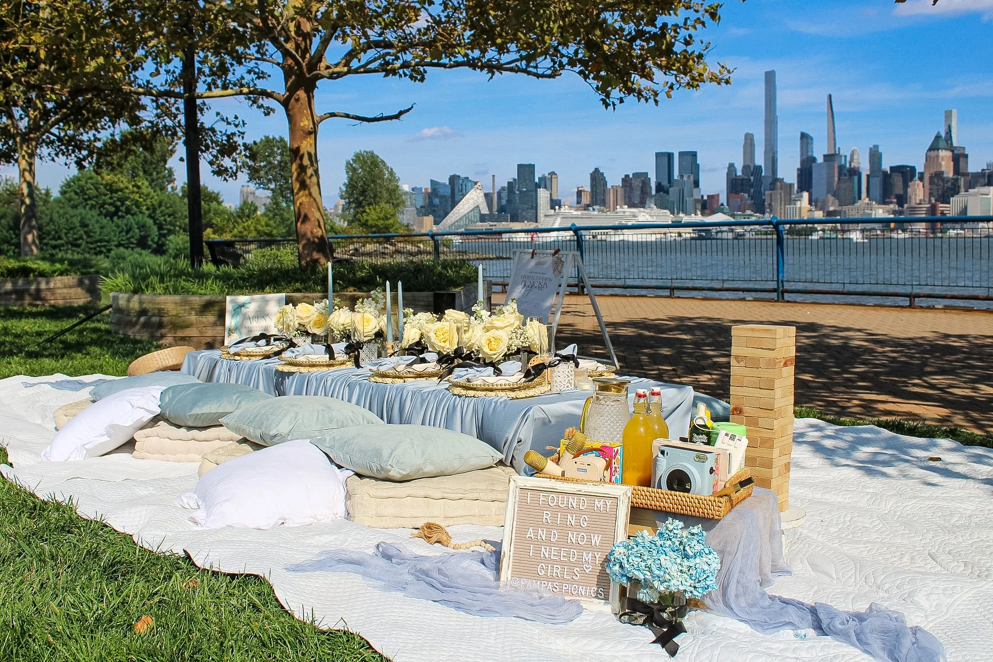 Pampas Picnics Breakfast at Tiffany's Bridesmaid Proposal on NYC Waterfront Weehawken Blue Picnic