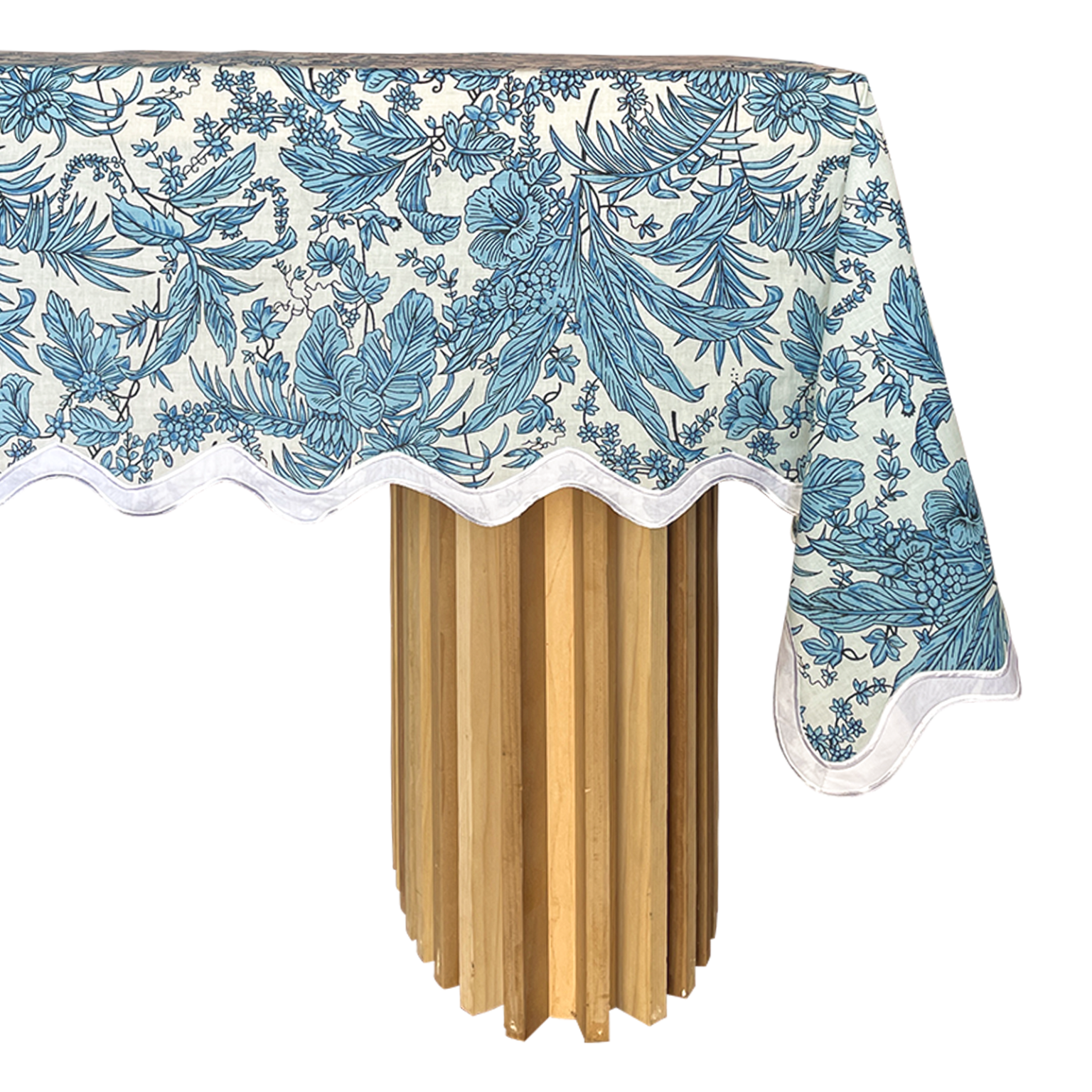 The Persephone: Cerulean Blue + White Floral Scalloped Capri Table Linen (120″x 66″)