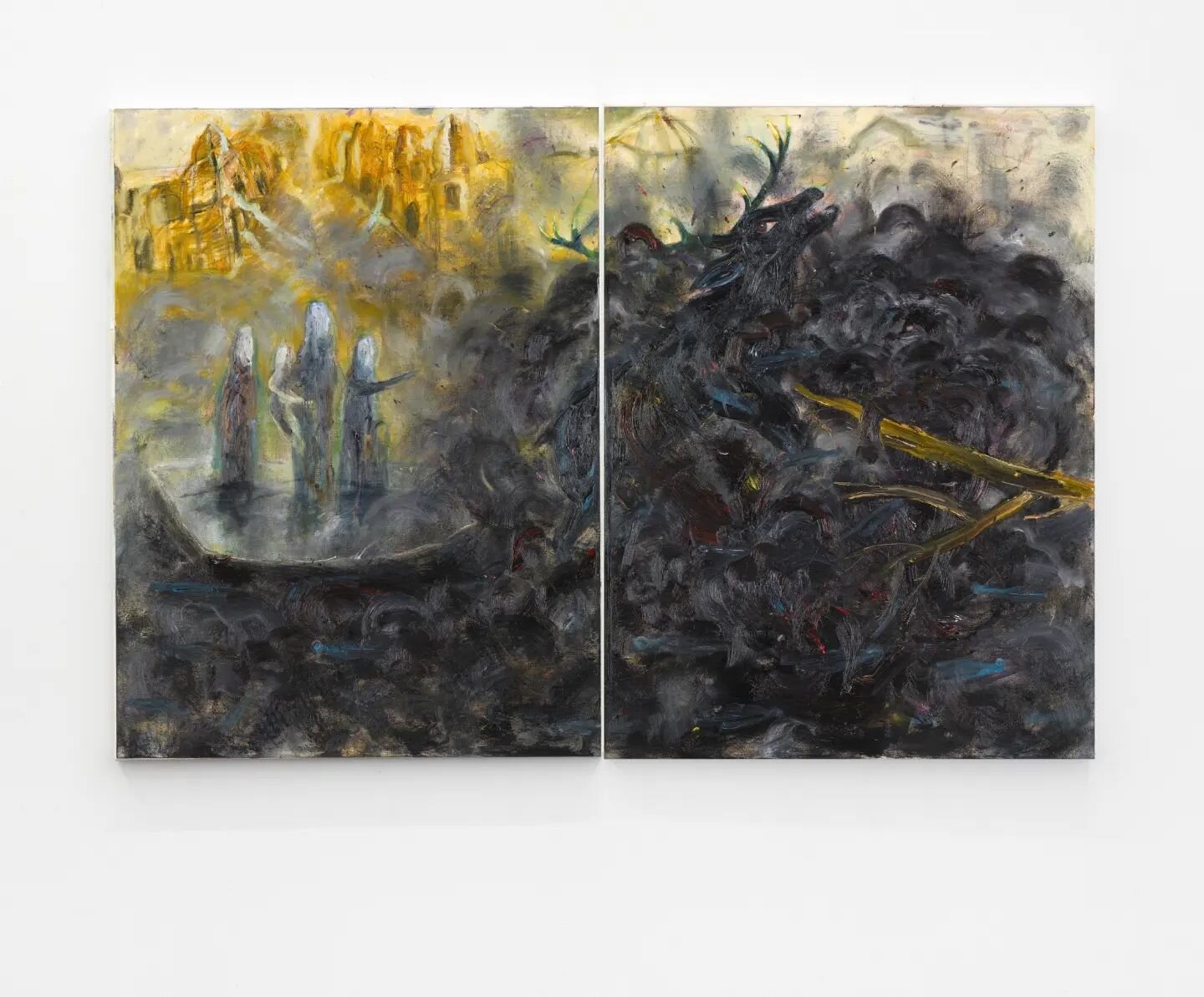 Elyas Alavi, Drowning II, از مجموعه غرق شدن 2022, oil colour on canvas, (two panels), 150 &times; 220 cm, photo credit Grant Hancock
این مجموعه بر اساس خواب و کابوس&zwnj;های شبانه است که در یک و نیم سال اخیر بخصوص بعد از درگذشت مادرم و سقوط افغانستان