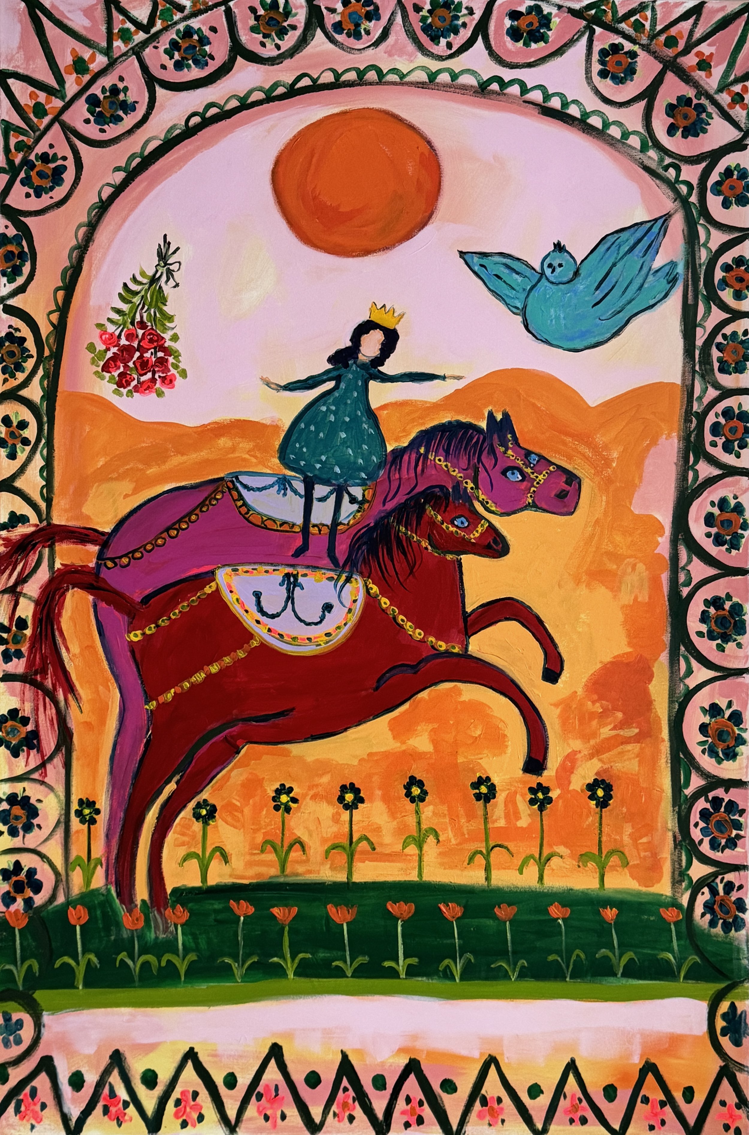 Vapaina auringon alla. 2026. Akryyli kanvakselle. Koko 150 cm (korkeus) x 100 cm (leveys) x 4 cm (syvyys)