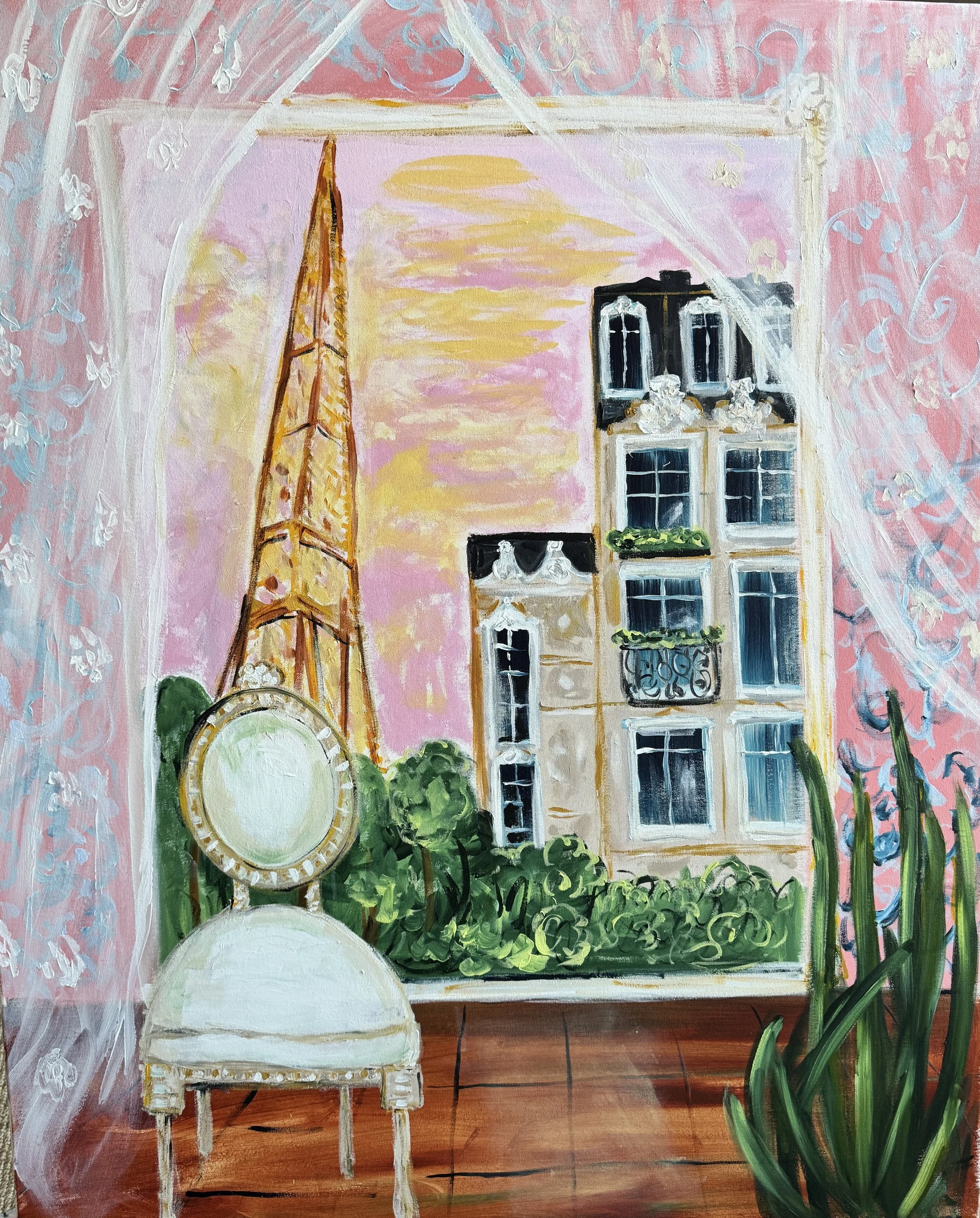 Soir à Paris. 2026. Akryyli kanvakselle. Koko 120 cm (korkeus) x 100 cm (leveys) x 4 cm (syvyys). Sivut maalattu.
1300 € sis.alv 13,5 %