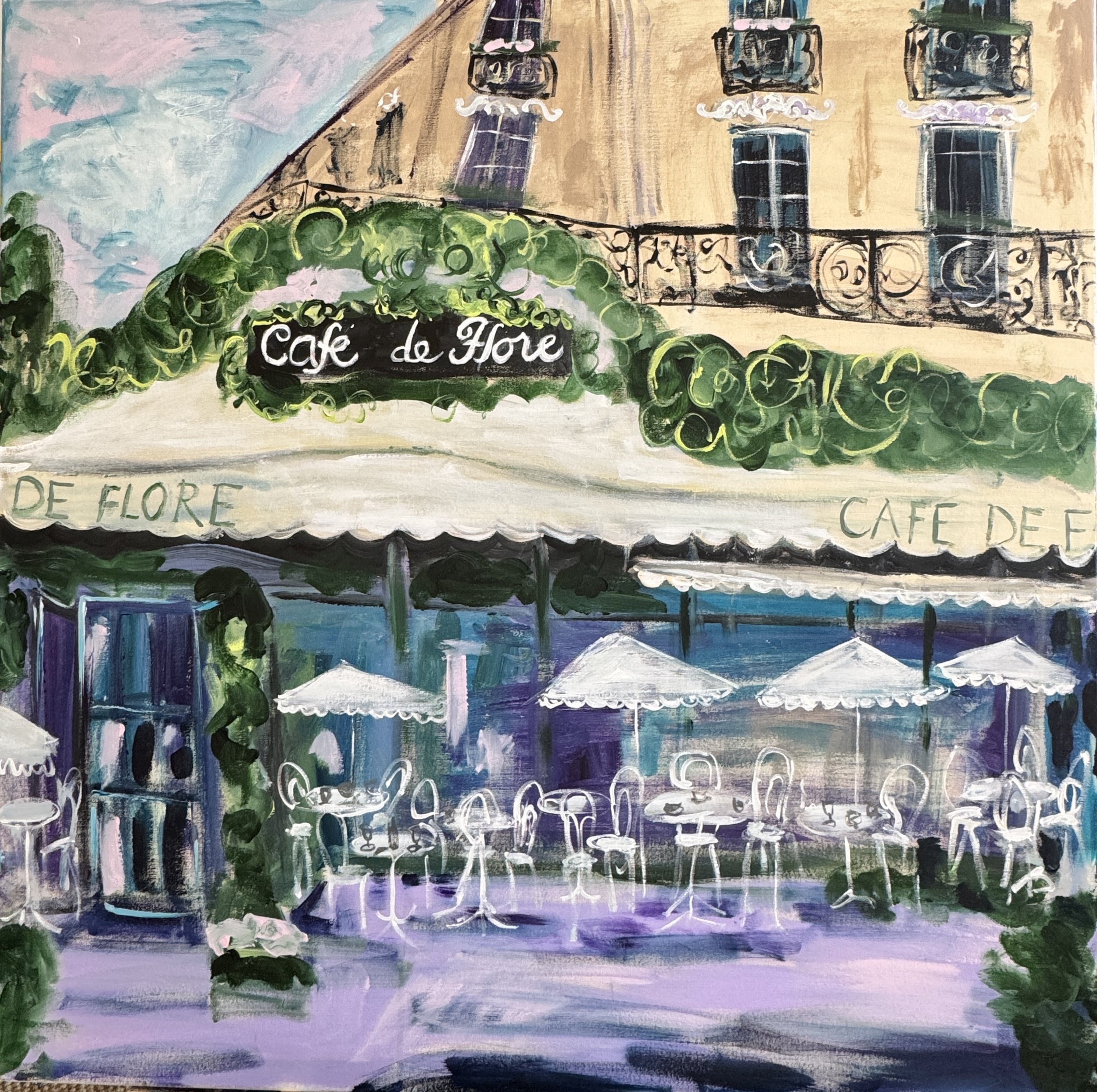 Café de Flore 2026. Akryyli kanvakselle. Koko 100 cm korkeus x 100 cm leveys x 4 cm syvyys. 
1100 € sis alv. 13,5 %