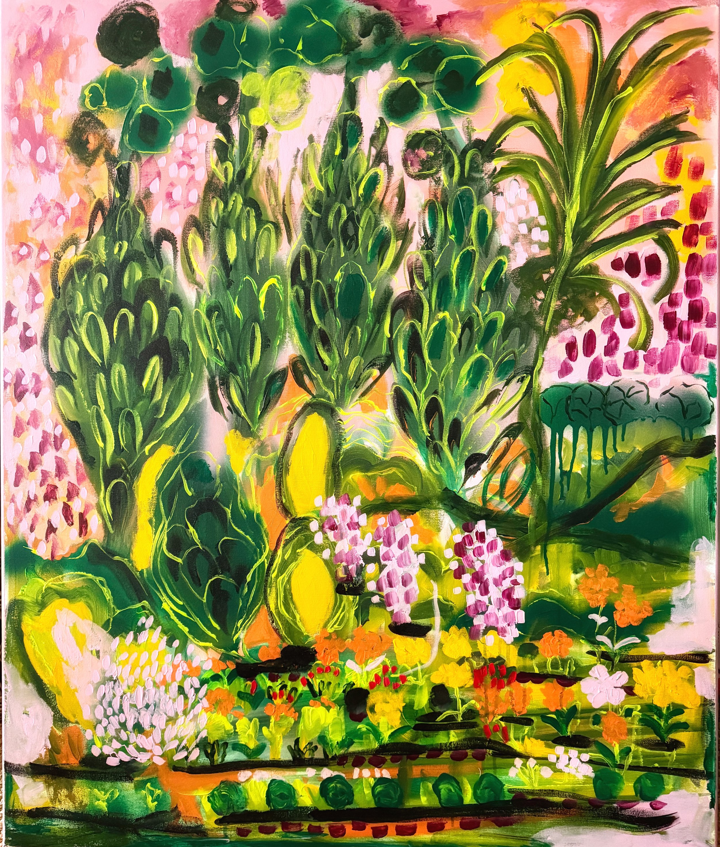 My Vegetable Garden 2025. Akryyli kanvakselle. Koko 120 cm (korkeus) x 100 cm (leveys) x 4 cm (syvyys). Sivut maalattu. 
1300 € sis. alv 14 %
MYYTY