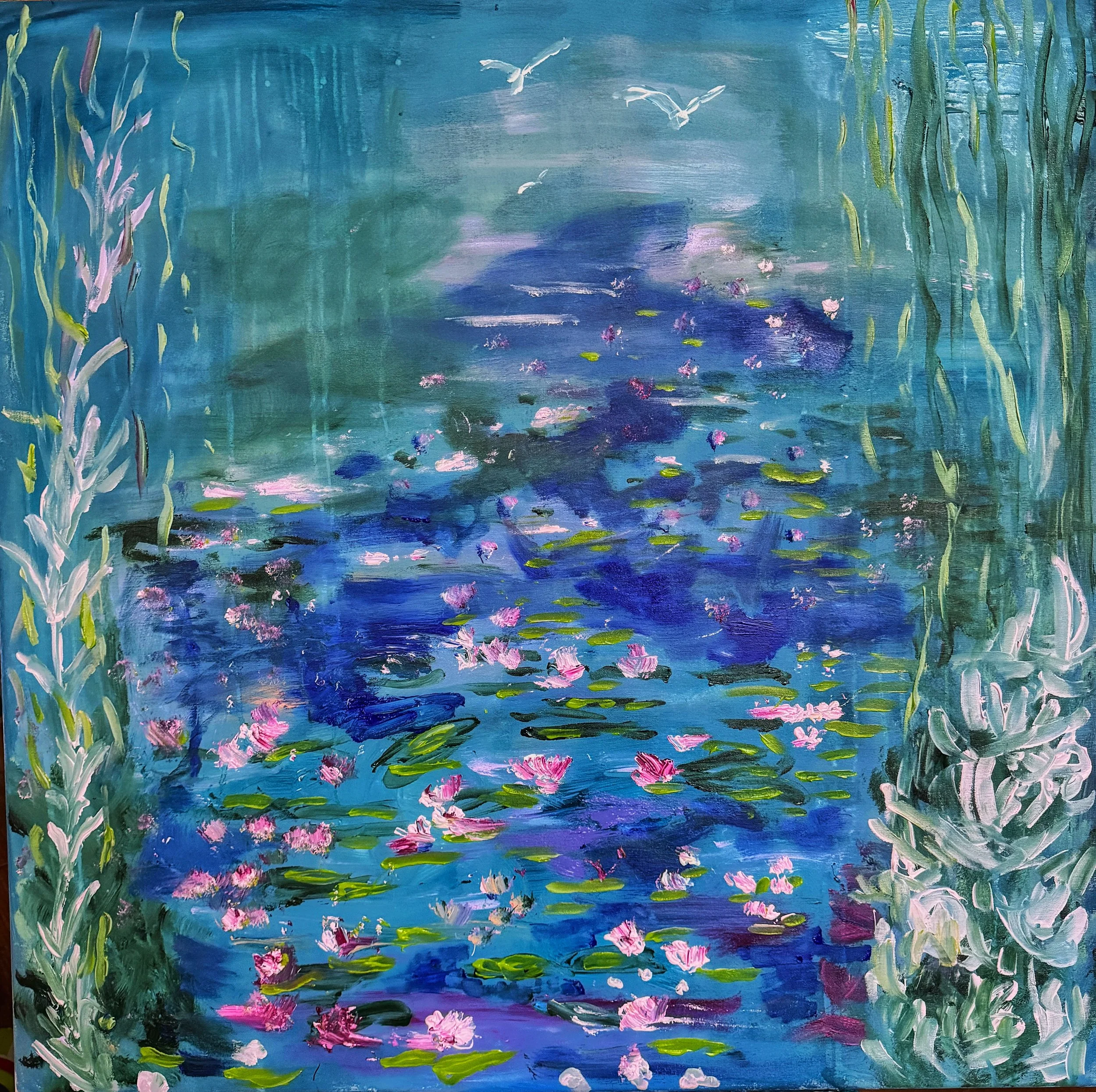 Water Lily Pond. 2025. Akryyli kanvakselle. Koko 90 cm (korkeus) x 90 cm (leveys) x 4 cm (syvyys). Sivut maalattu.
