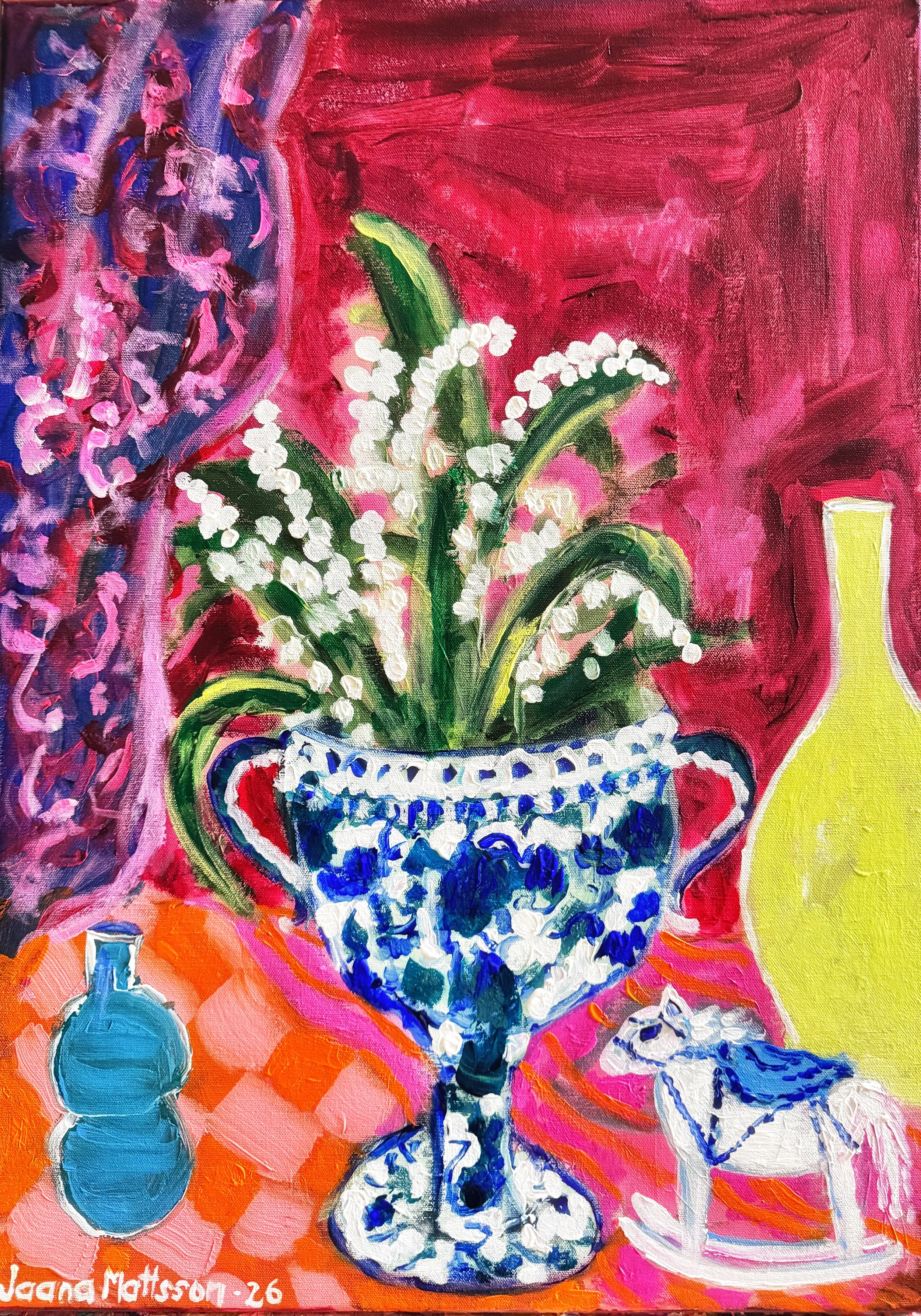  Muguet en Vase. 2026. Akryyli kanvakselle. Koko 70 cm korkeus x 50 cm leveys x 4 cm syvyys. 

930 € sis.alv