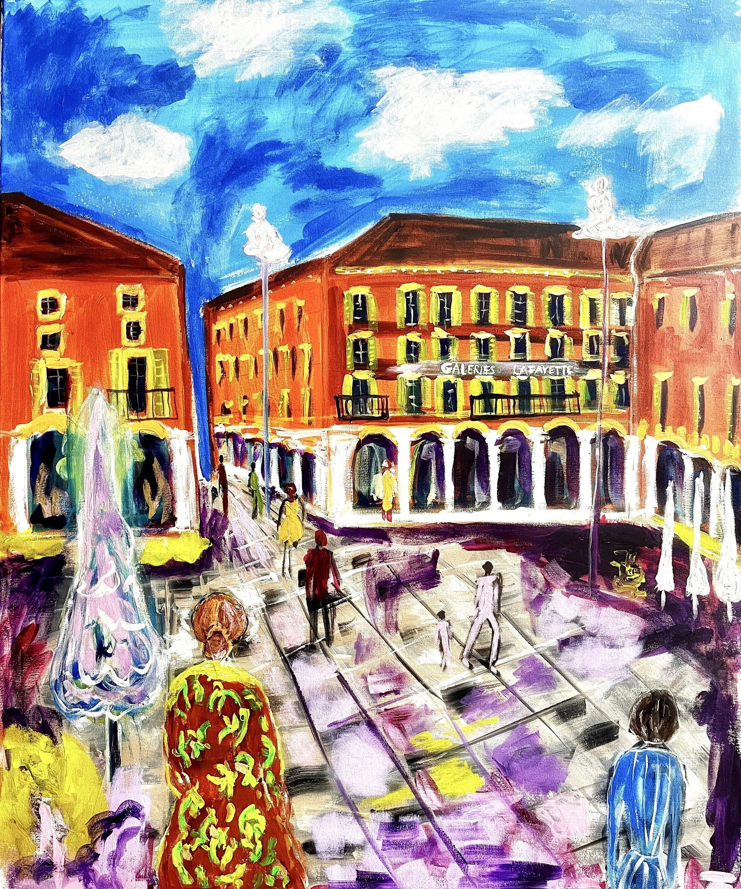MYYTY Place Masséna. 2024. Akryyli kanvakselle. Koko 120 cm (korkeus) x 100 cm (leveys) x 4 cm (syvyys). Sivut maalattu.
 