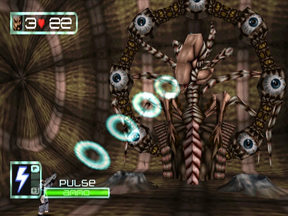  This is where you face one of the bosses of the game, but it’s hard to defeat him due to problems derived from the aiming system. It would be better if the game used a laser or something to indicate where you’re shooting. 