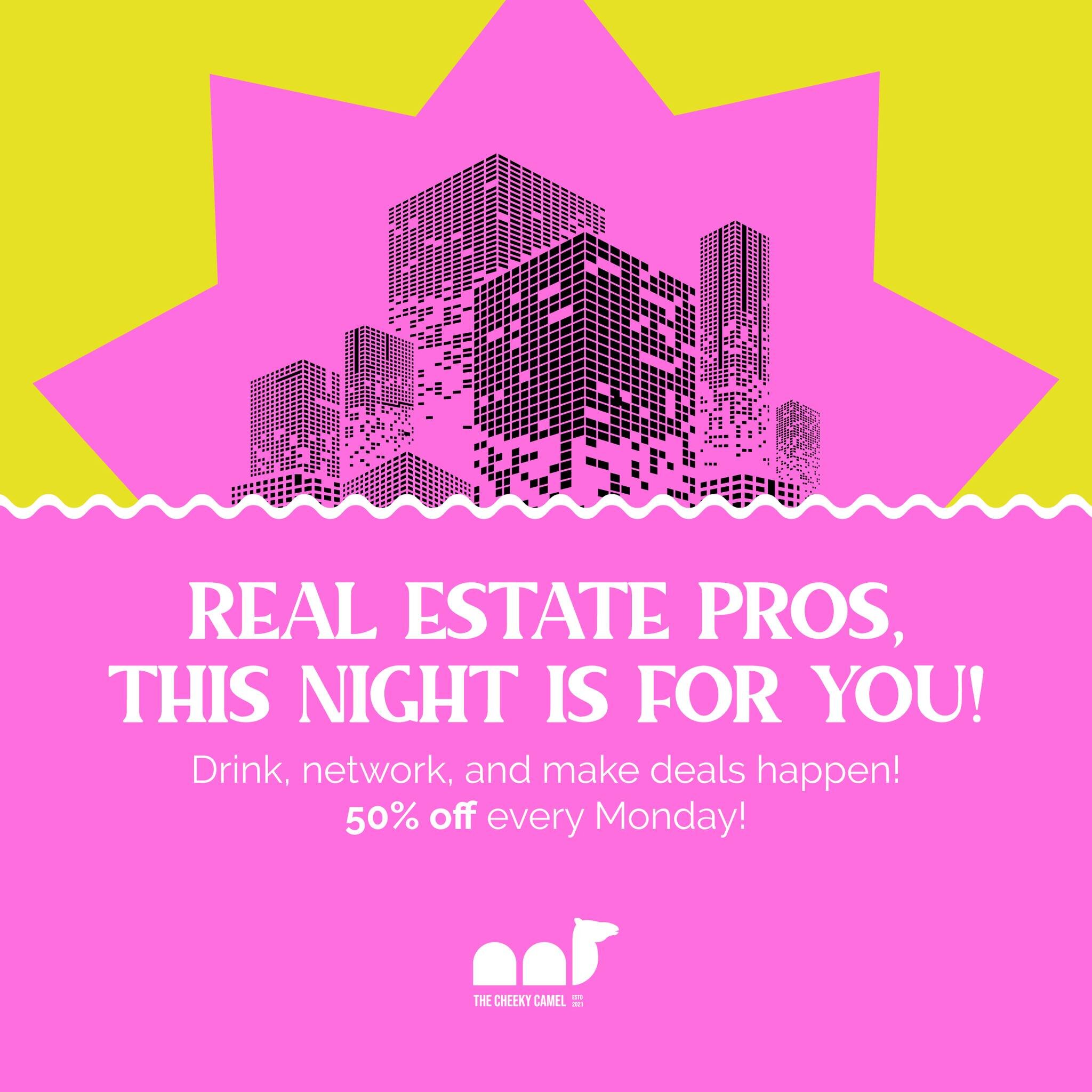 Attention real estate professionals! Join us for a night of drinks and discounts every Monday. Enjoy 50% off for upto 4 people when you show us your business card 🪪