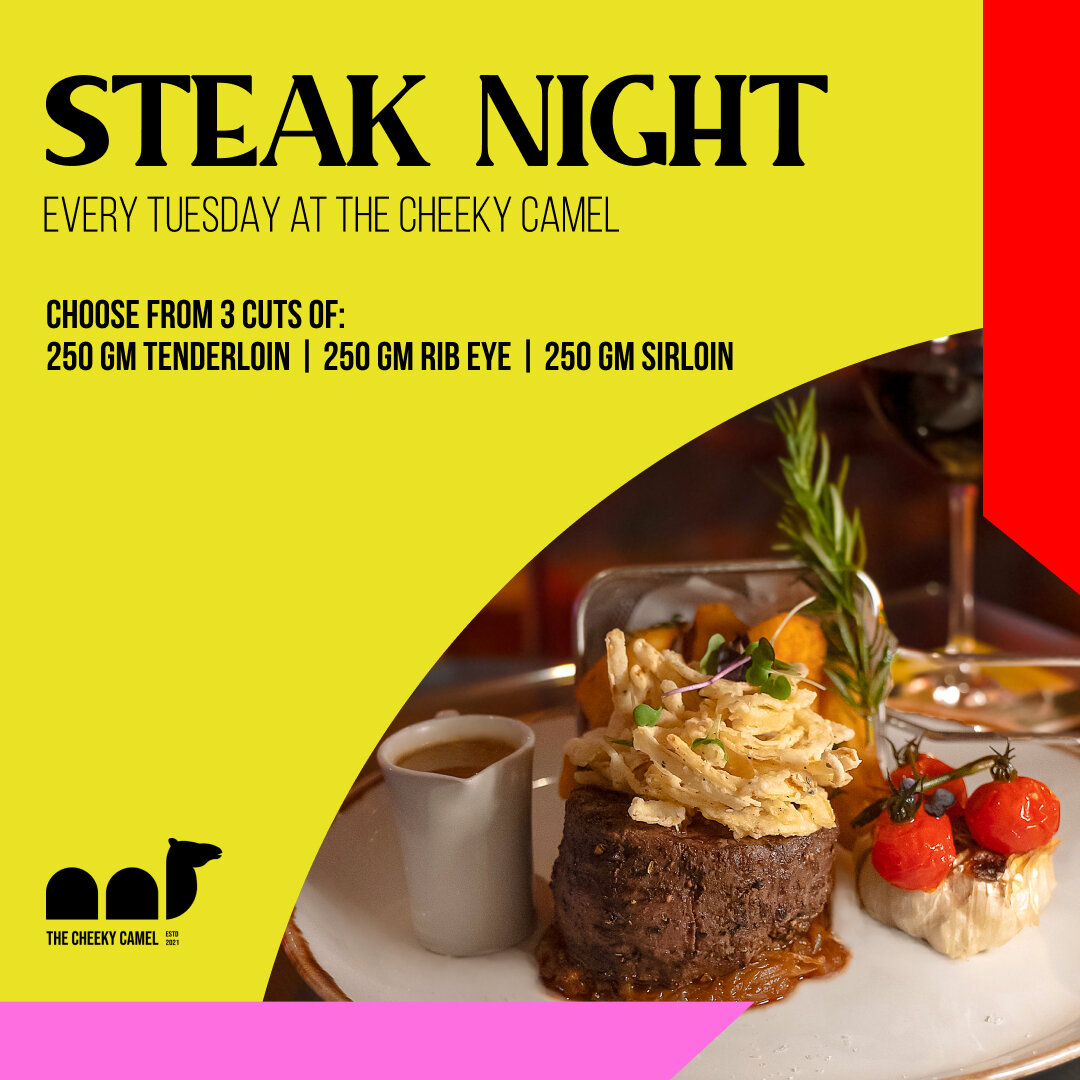 Steak lovers, unite! 😍🥩 Come to Cheeky Camel for our incredible steak night offer - AED 149 for your choice of 3 cuts of delicious black Angus steak and a glass of wine. 🍷👌