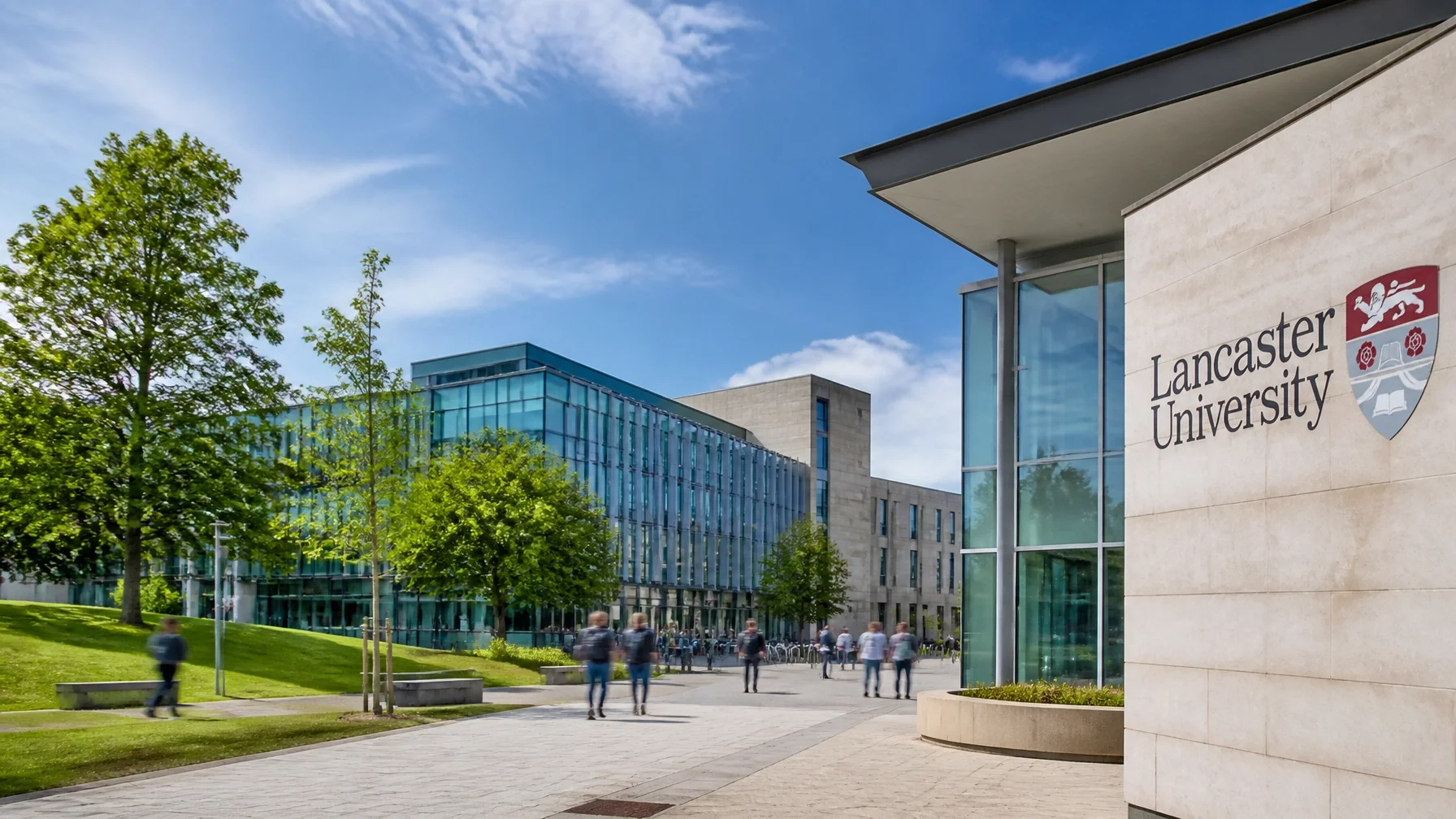 External image of Lancaster University with people walking past