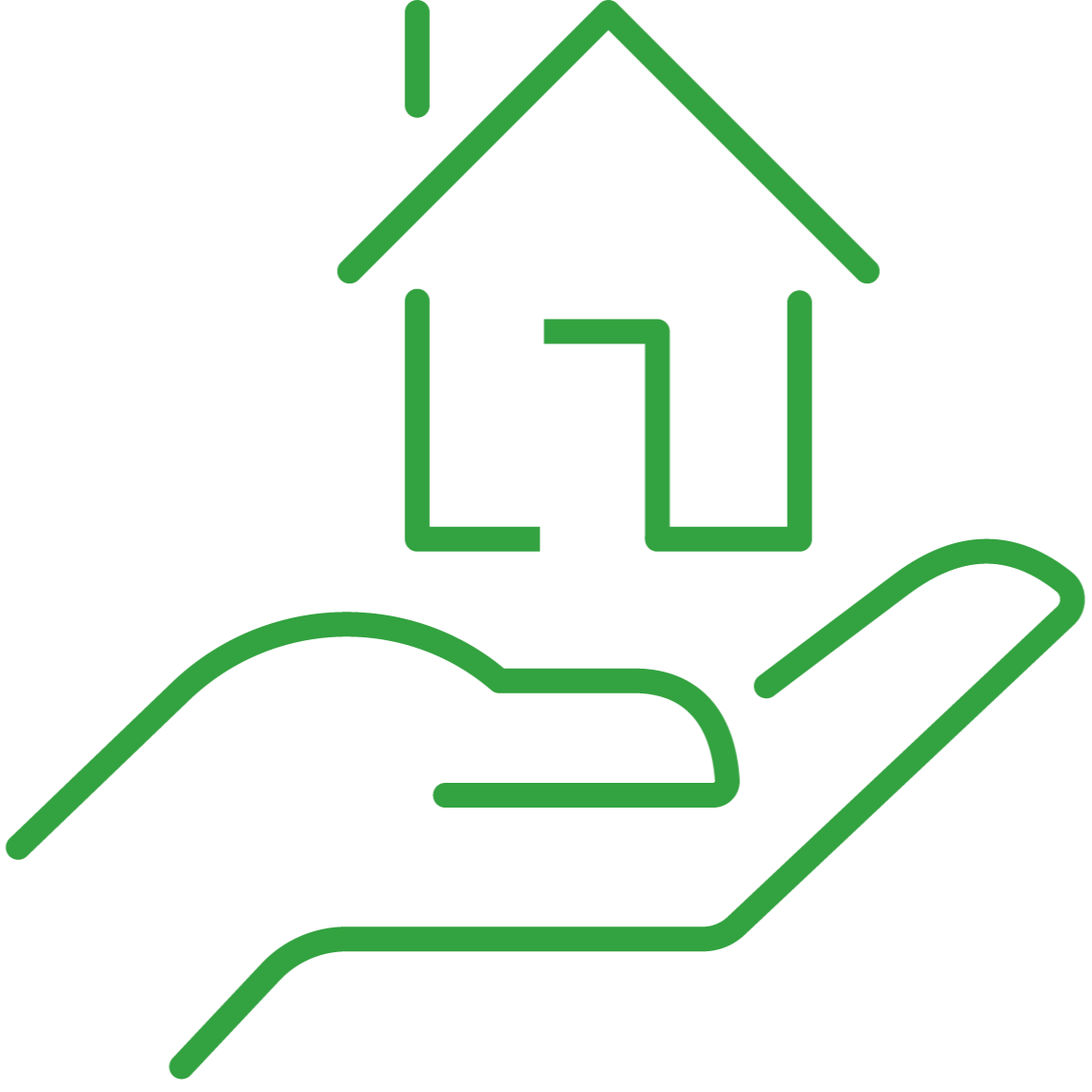 Outline of a hand supporting a house with a large arrow curling inside the house, representing real estate or home support.