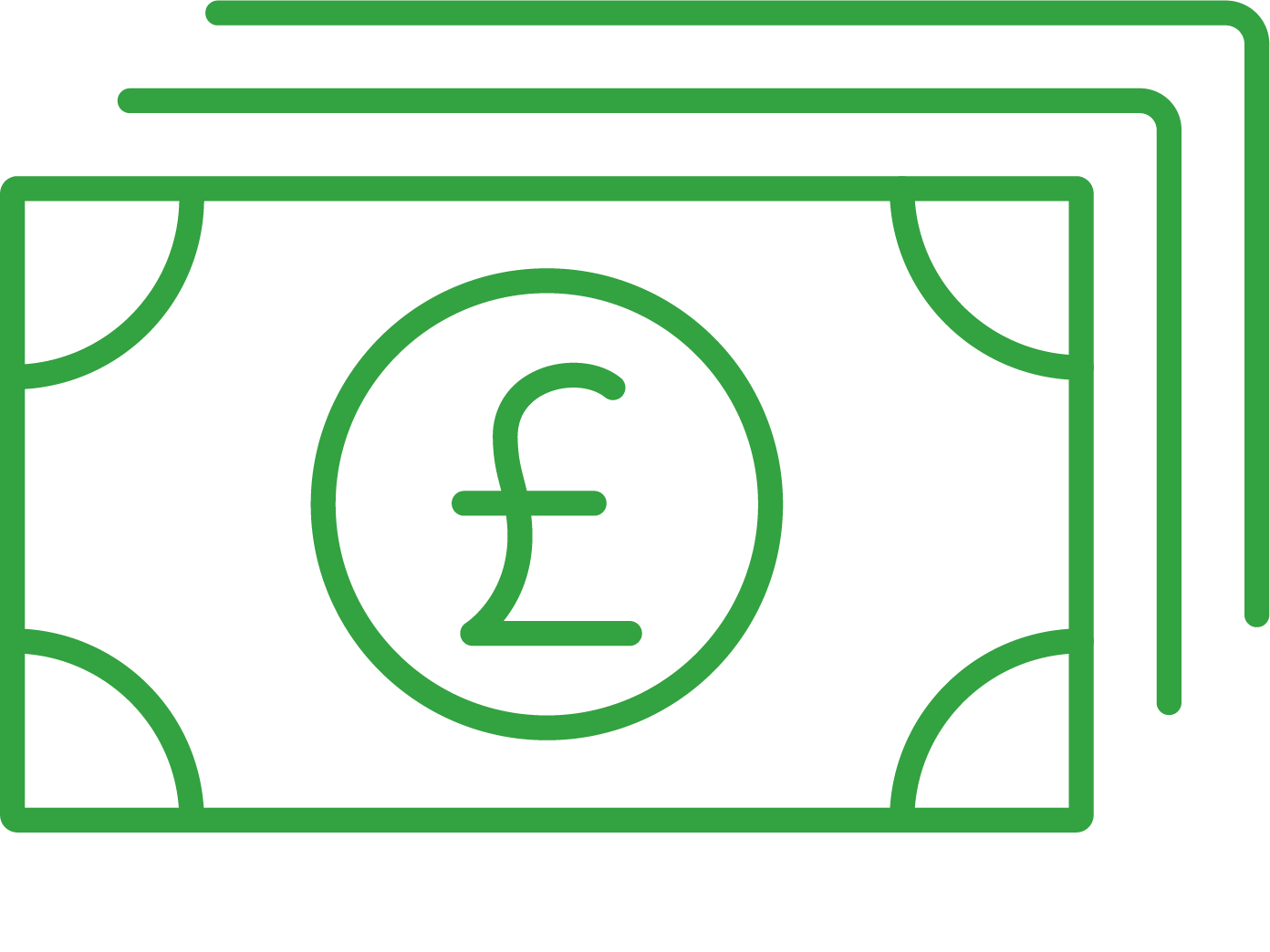 Outline of a stack of paper money bills with a British pound sign and the number 2 in the center.