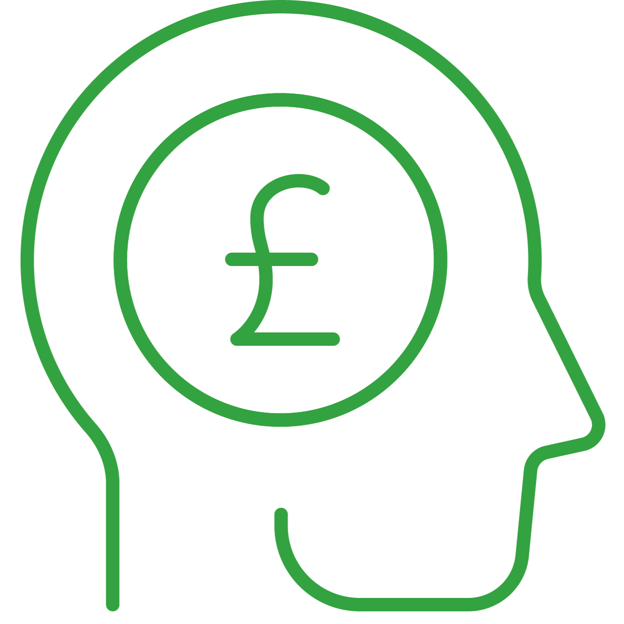 Line drawing of a human head in profile with a circular symbol of a British pound currency inside the head.