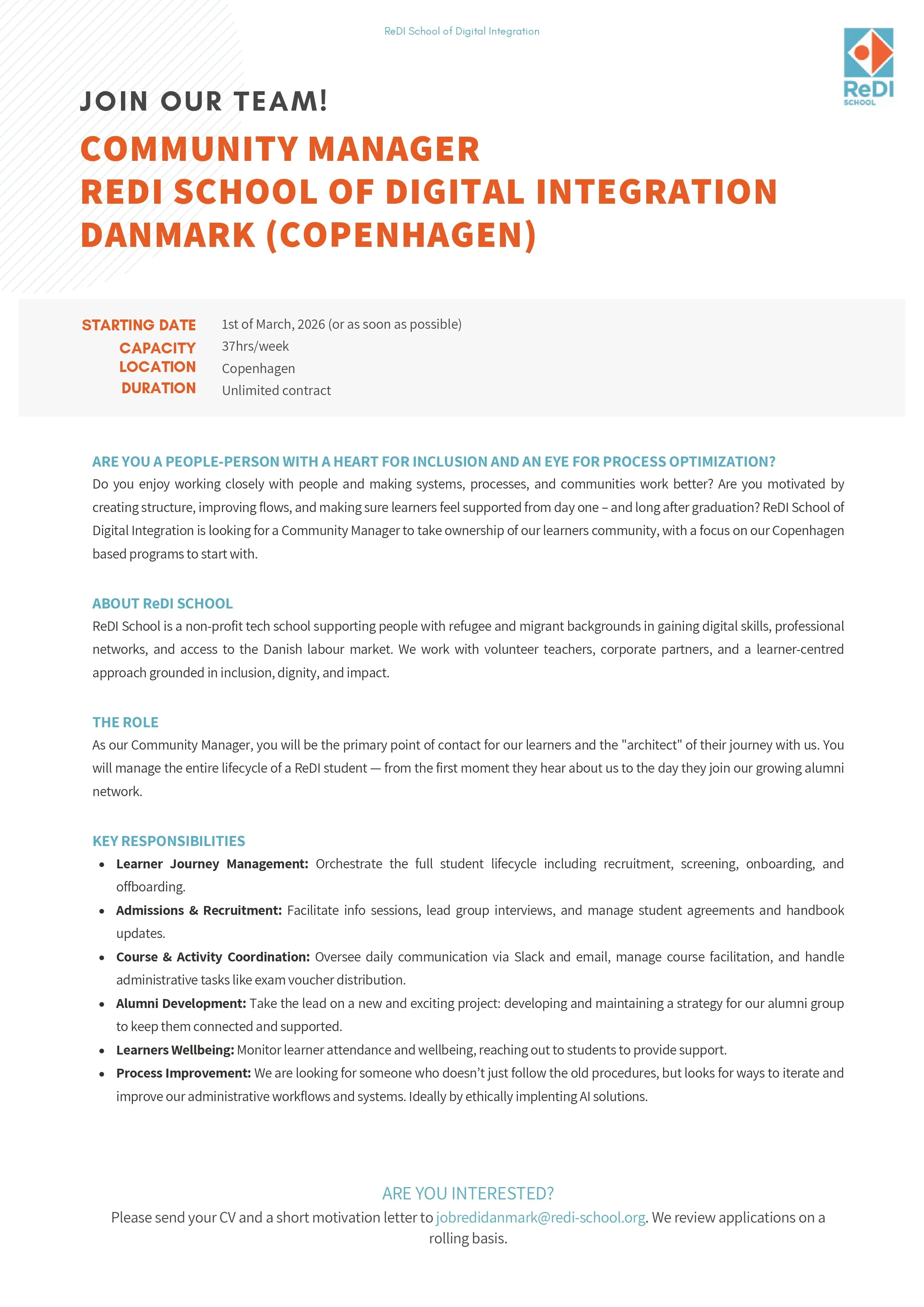 ReDI School of Digital Integration Denmark is looking for a Community Manager in Copenhagen