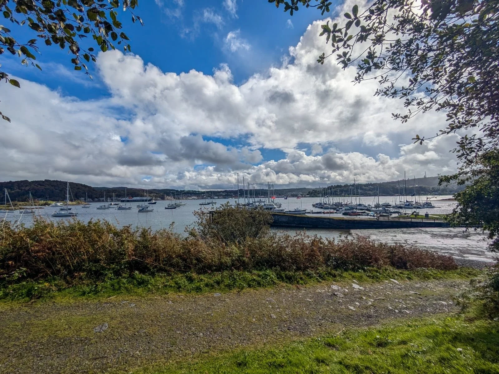 A harbor with several sailboats docked, surrounded by trees and hills, under a partly cloudy sky.