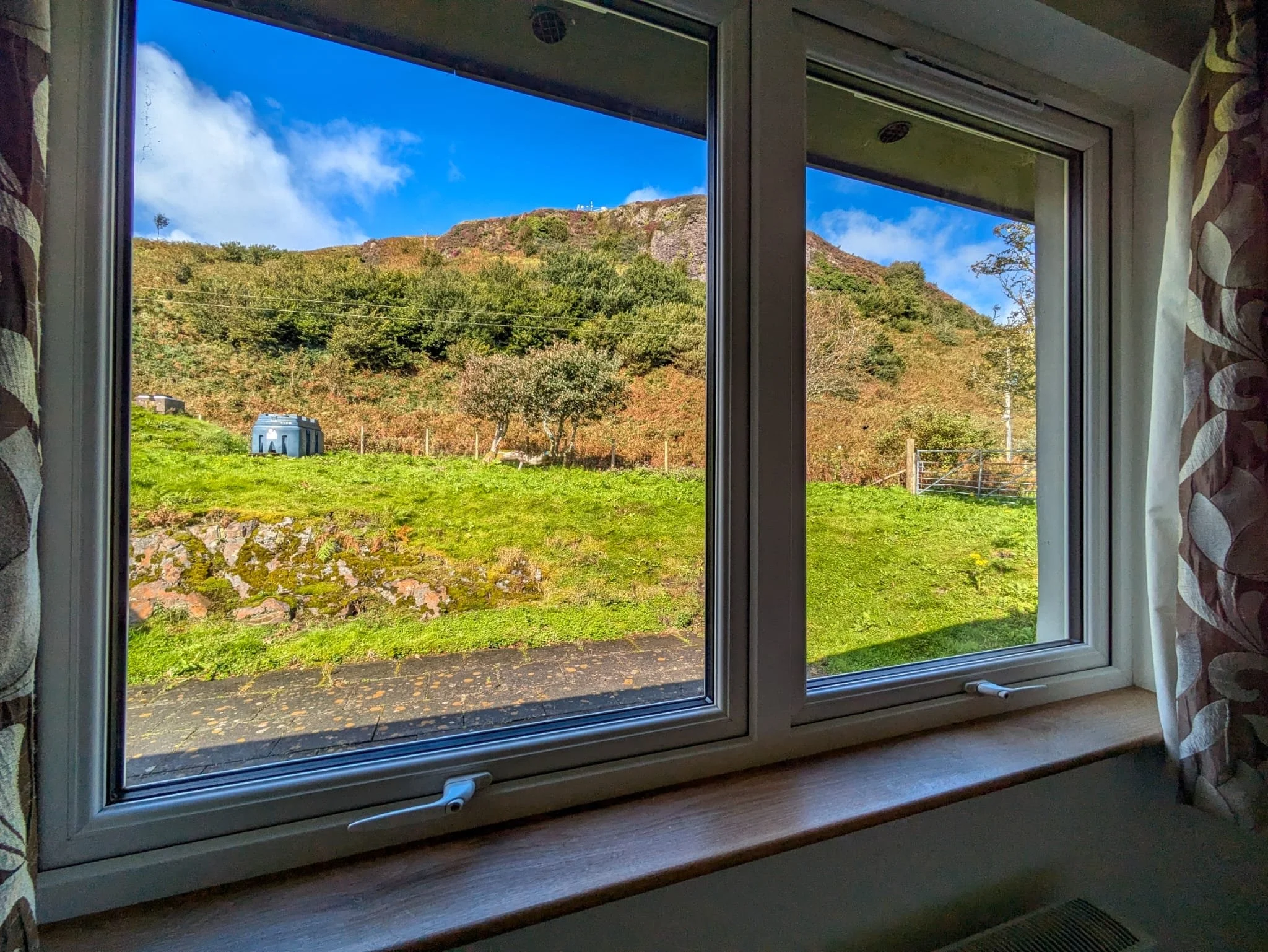 A view of a green hillside with trees and a mountain behind, seen through a double-paned window with white frames and patterned curtains.