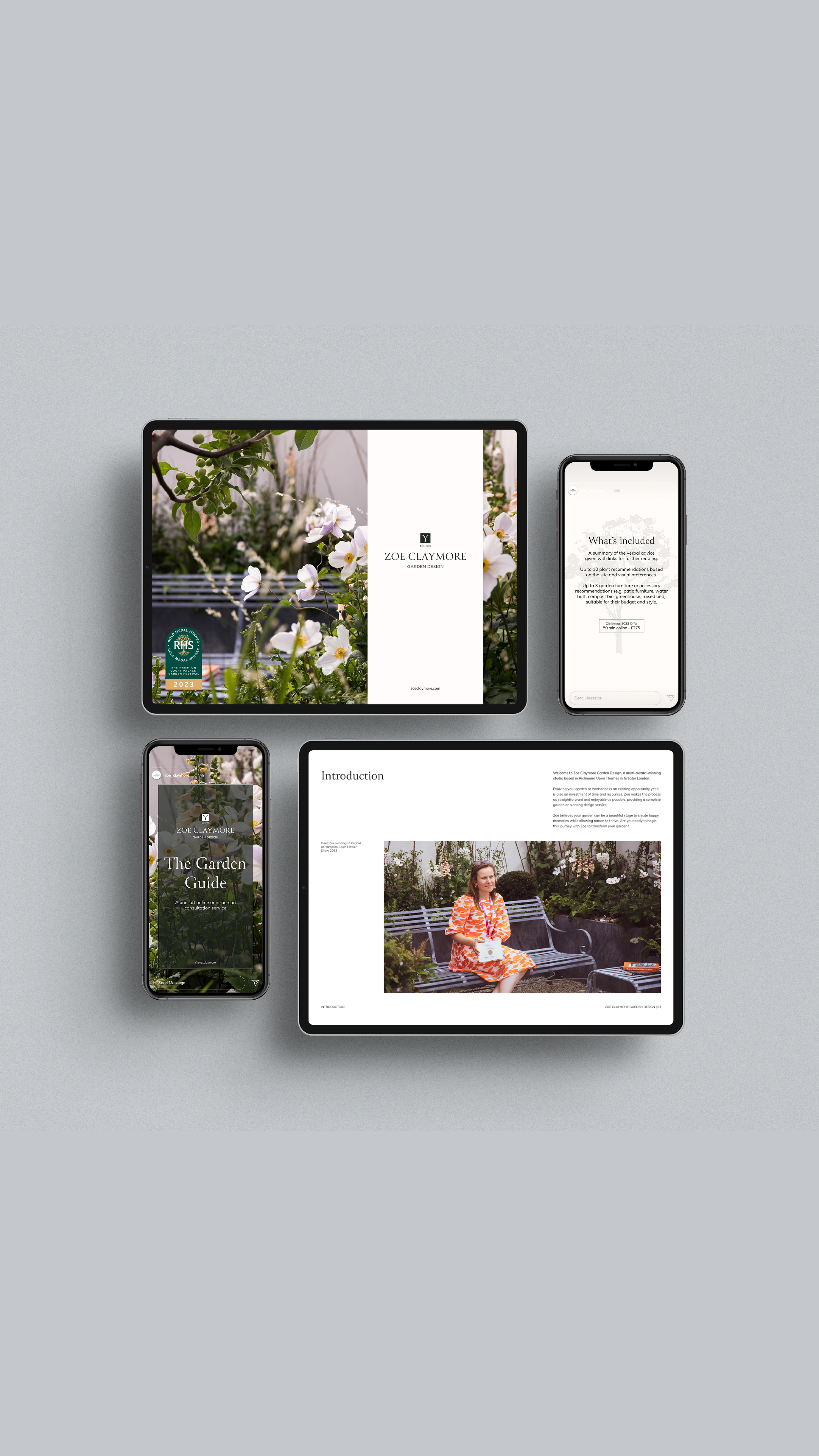 Digital devices displaying a garden design guide, including a tablet, two smartphones, and a larger tablet or iPad, with images of flowers, plants, and a woman sitting on a garden bench.