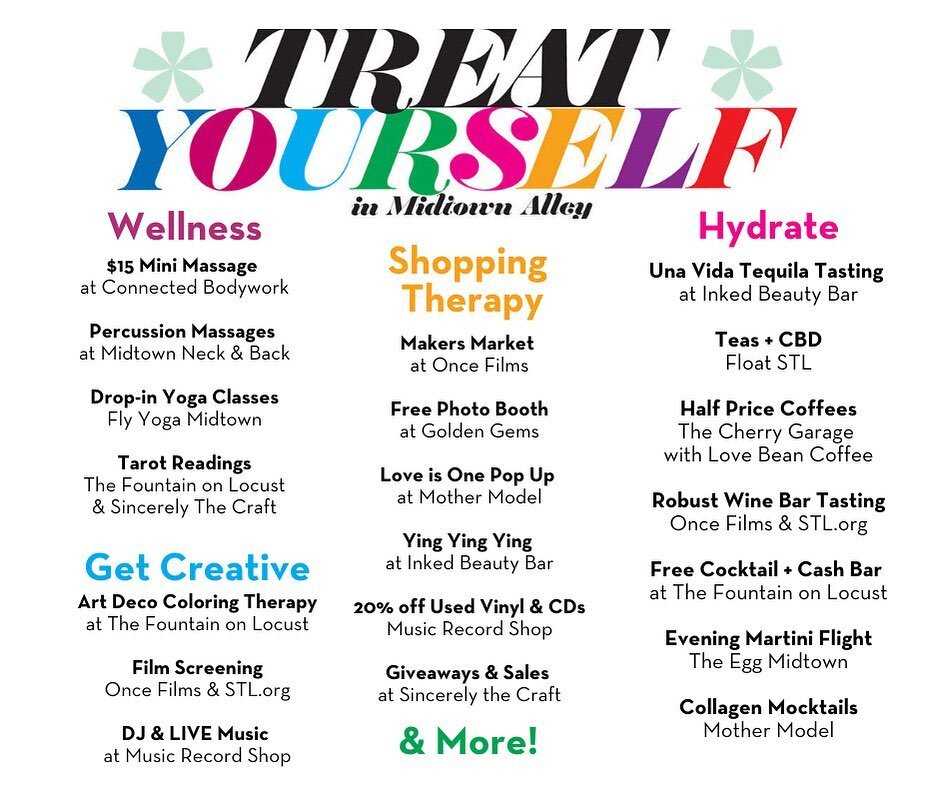 Today&rsquo;s the day to TREAT YOURSELF! Grab a bestie and get down to Locust. Park on street, on Washington or at the public metered lot on Olive near Cardinal -  then get out and enjoy your day! #treatyourself #stl #treatyourselfstl #explorestl #mi