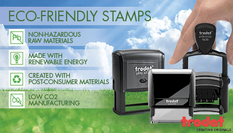 Promotional image for eco-friendly stamps by Trodat, featuring three stamp models against a backdrop of grass and sky, highlighting benefits like non-hazardous raw materials and renewable energy production.