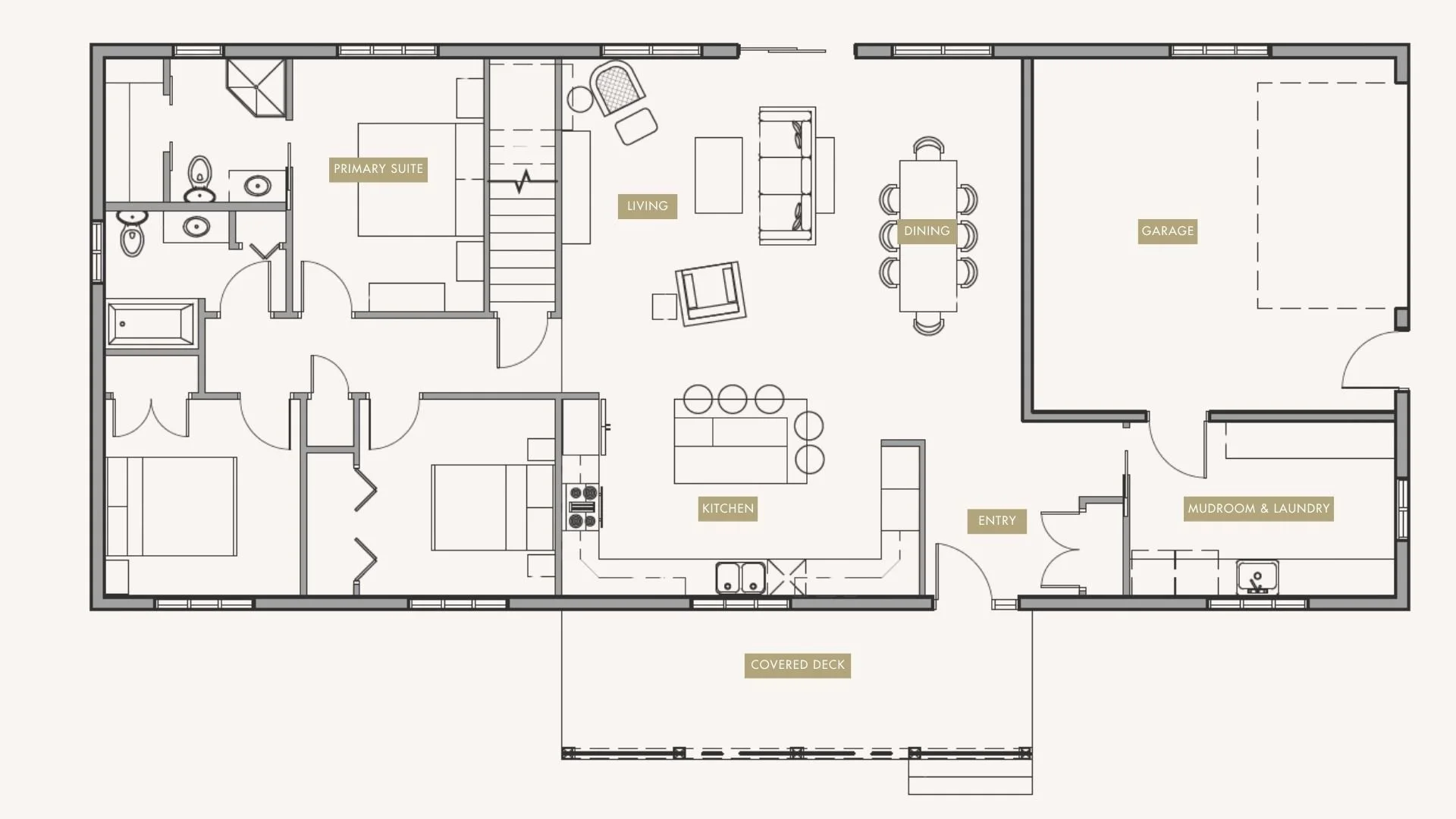 Floor plan of a house showing an entry, kitchen with island, living room, dining area, primary suite, a second bedroom, bathroom, mudroom and laundry, garage, and covered deck.