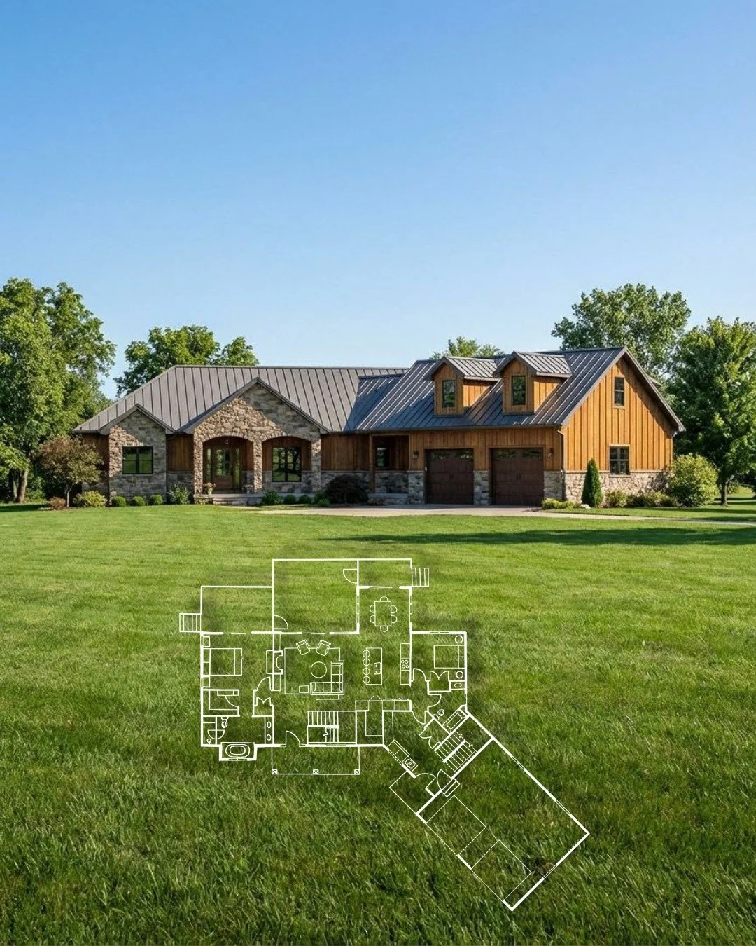 Meet the kind of floor plan that suits you perfectly. 🤝📐
 Here&rsquo;s what&rsquo;s going on in that overlay:
&bull; Front + Centre: A vaulted great room with a window line up built to make every sunset feel like it was custom-ordered.
 &bull; Left