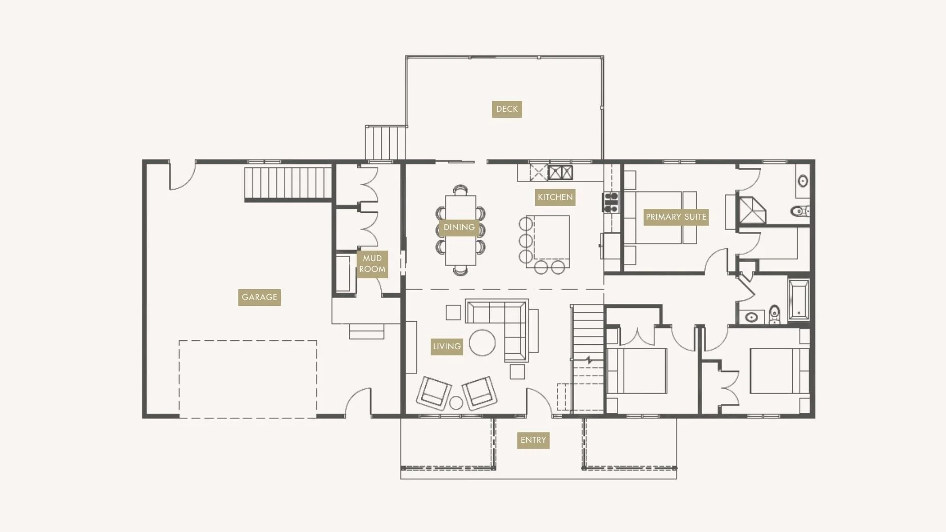 Floor plan of a house showing an entryway, living room, dining area, kitchen with island, primary suite with bathroom, two additional bedrooms, a full bathroom, a garage, a mudroom, and a deck.