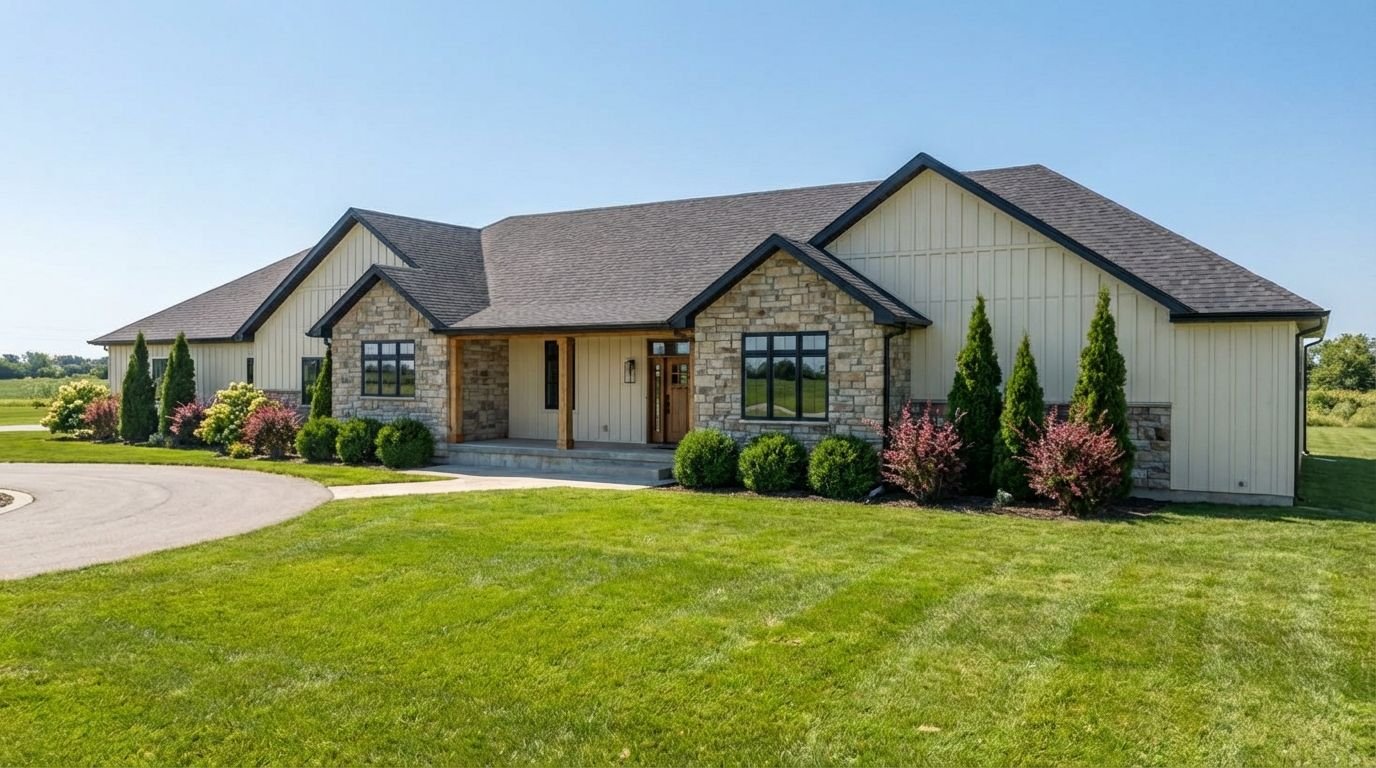 A modern house with a stone and siding exterior, front steps, and a green lawn, surrounded by landscaped bushes and trees.