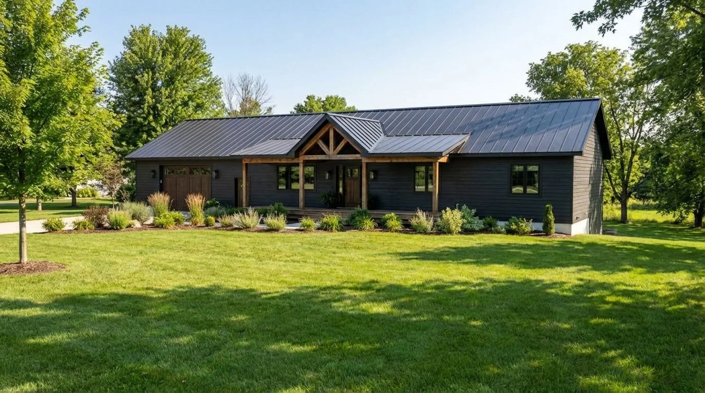 A modern black wooden house with a metal roof, surrounded by a green lawn and trees, with a garden in the front yard.