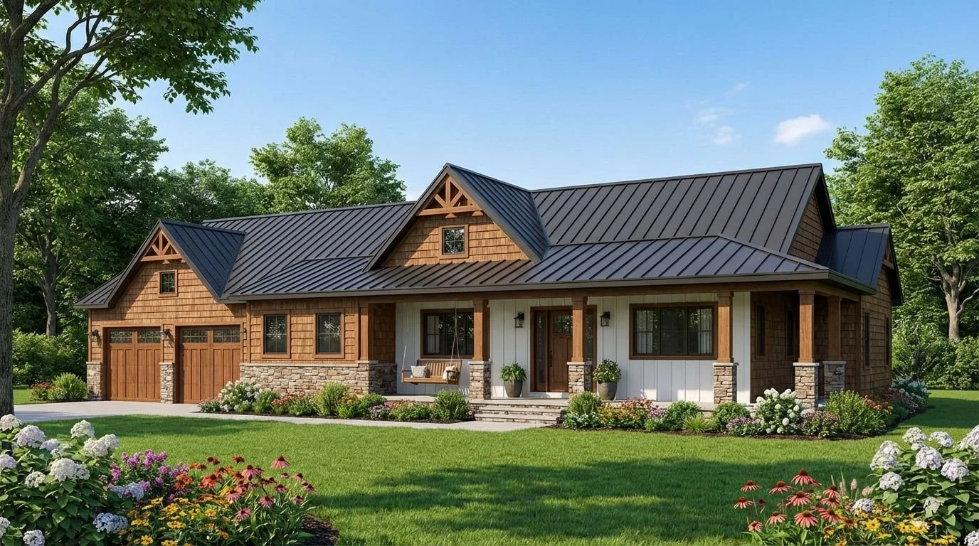 A modern house with a combination of wood and stone exterior, metal roof, front porch, and surrounding greenery and flower garden