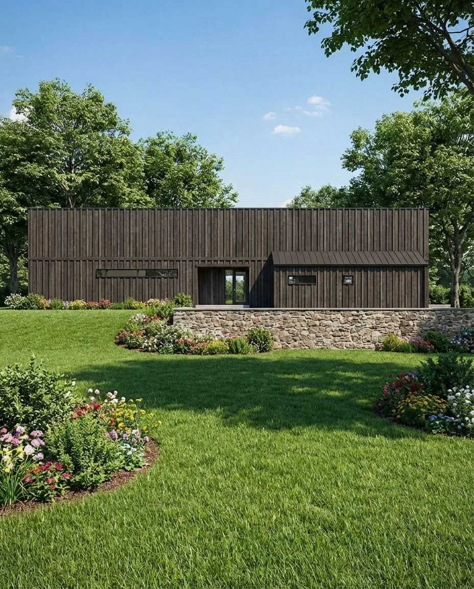 Modern darkwood house with stone foundation surrounded by well-maintained green lawn and flower beds, trees in background, blue sky with a few clouds.