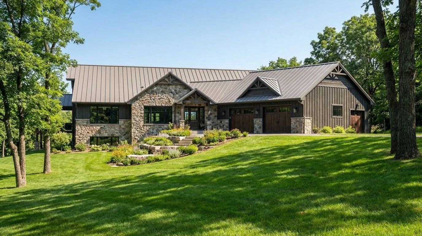 A modern house with stone and dark wood siding, metal roof, surrounded by green grass and trees under a clear blue sky.