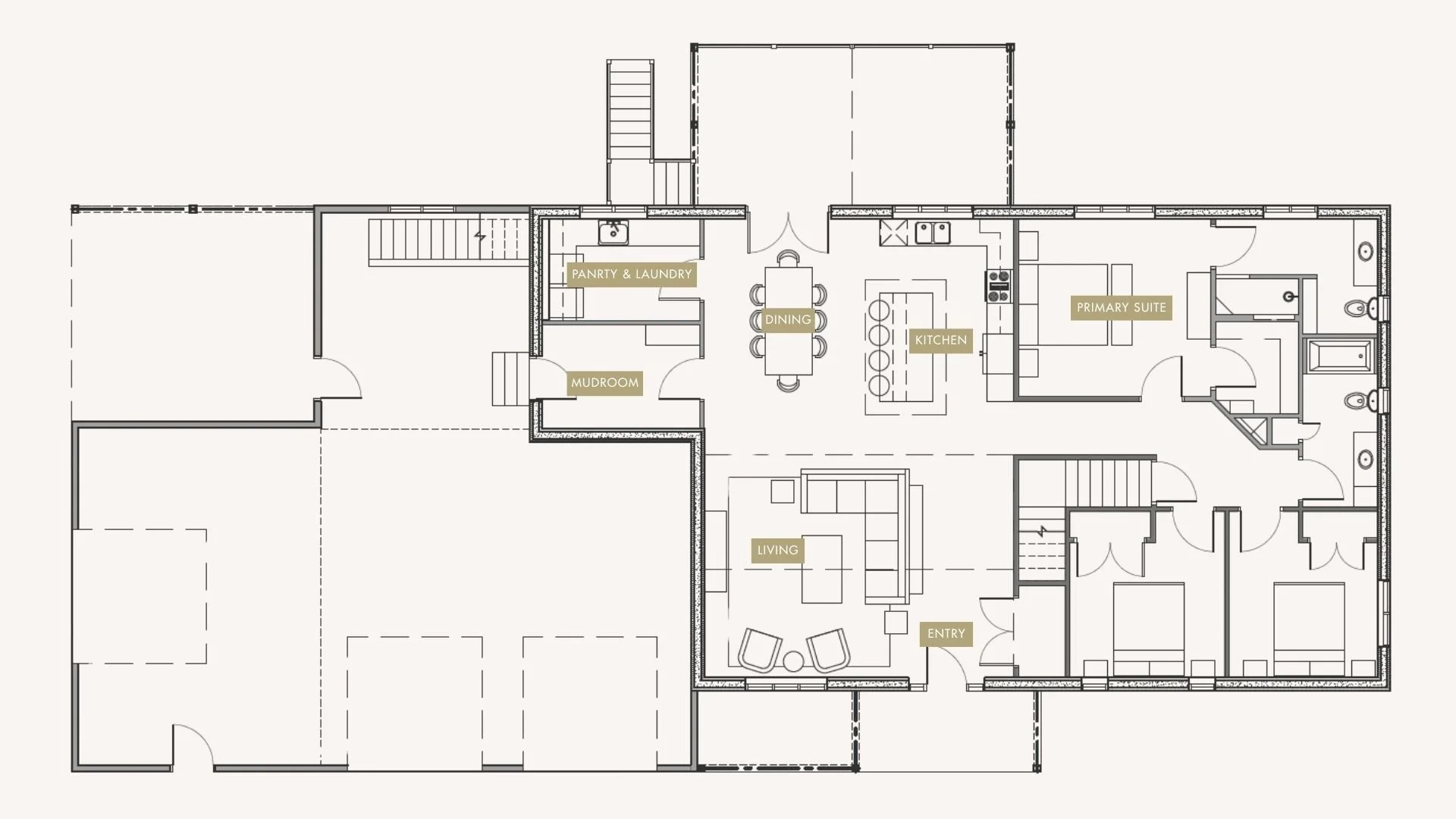 Floor plan of a house highlighting entry, living room, kitchen, primary suite, dining area, pantry & laundry, mudroom, and garage.