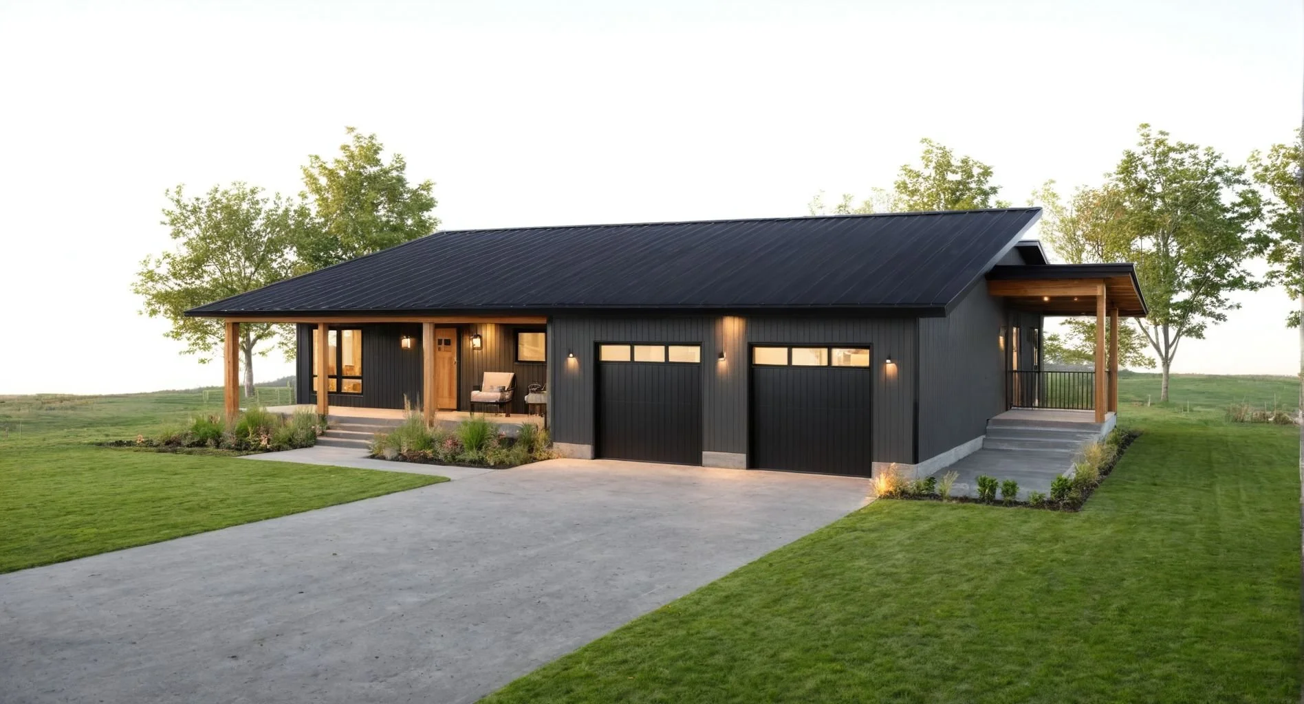 Modern black house with a gabled metal roof, two garage doors, a front porch with seating, and a lawn with trees in the background at dusk.