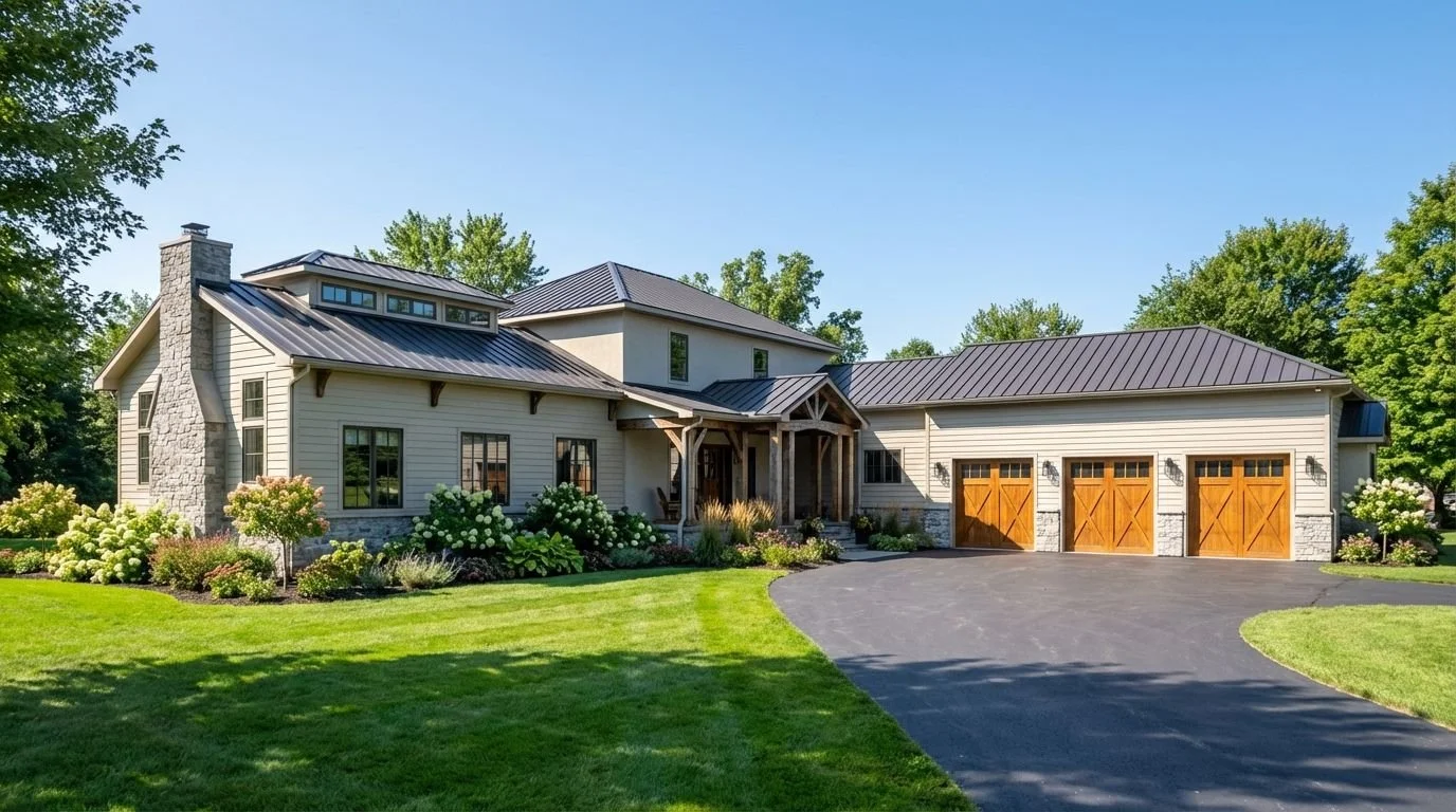 A large modern house with a metal roof, stone chimney, and a welcoming front porch surrounded by a manicured lawn and flower bushes.
