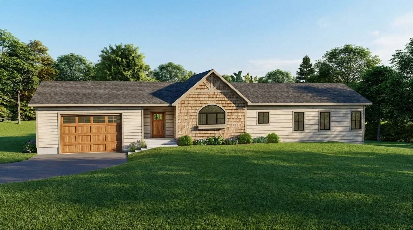 A single-story house with a wooden front door, a two-car garage with a wooden door, and a lawn with bushes, surrounded by trees under a clear blue sky.
