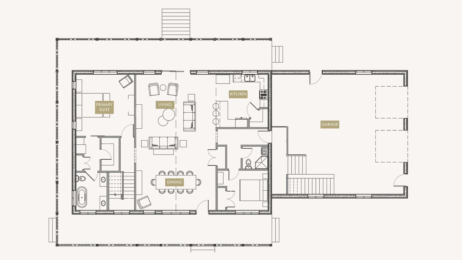 Floor plan of a house showing labeled rooms: primary suite, living room, dining area, kitchen, garage, and additional spaces.