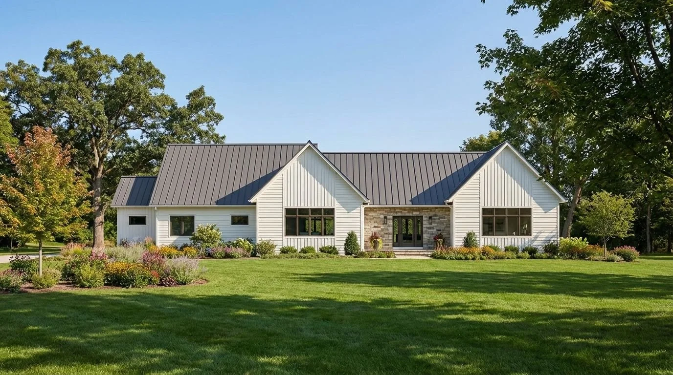 A modern white house with a metal roof, surrounded by a well-maintained green lawn and colorful garden with trees and shrubs.