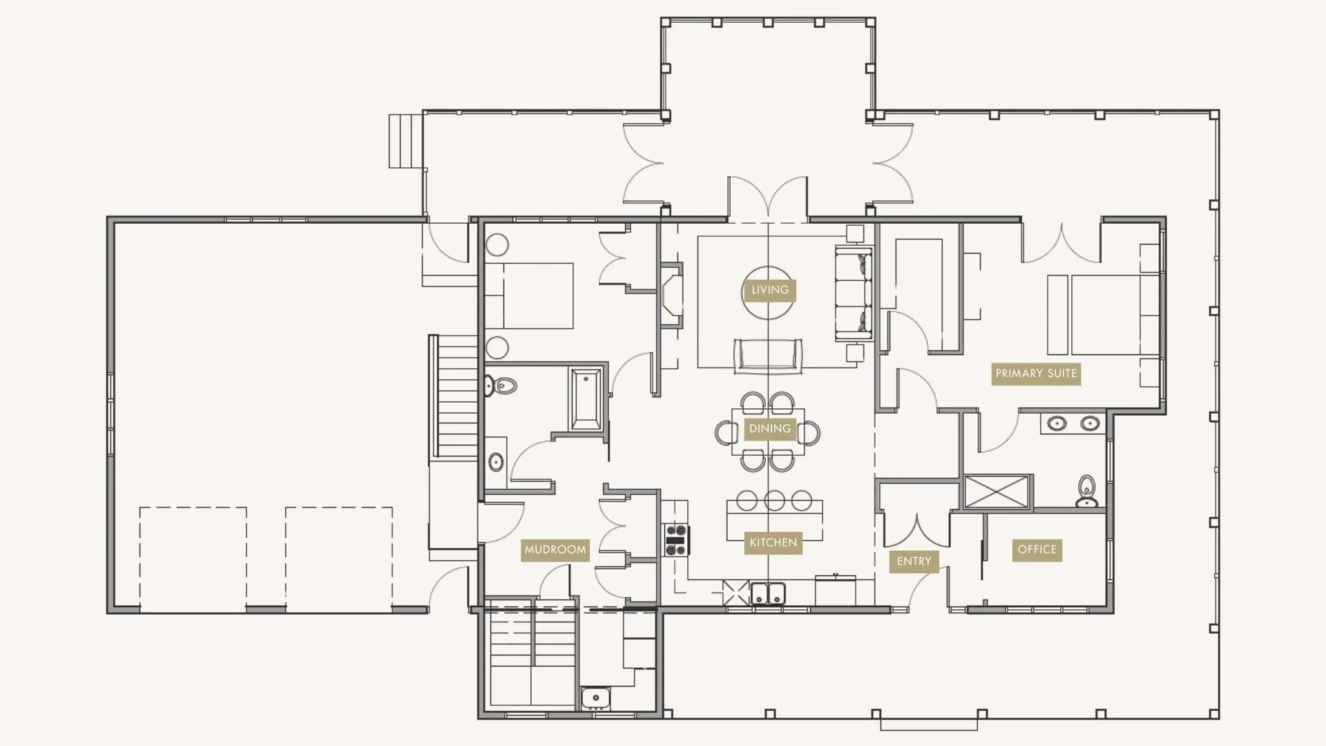 Floor plan of a house with labeled rooms including living room, primary suite, office, entryway, kitchen, dining area, mudroom, and garage.