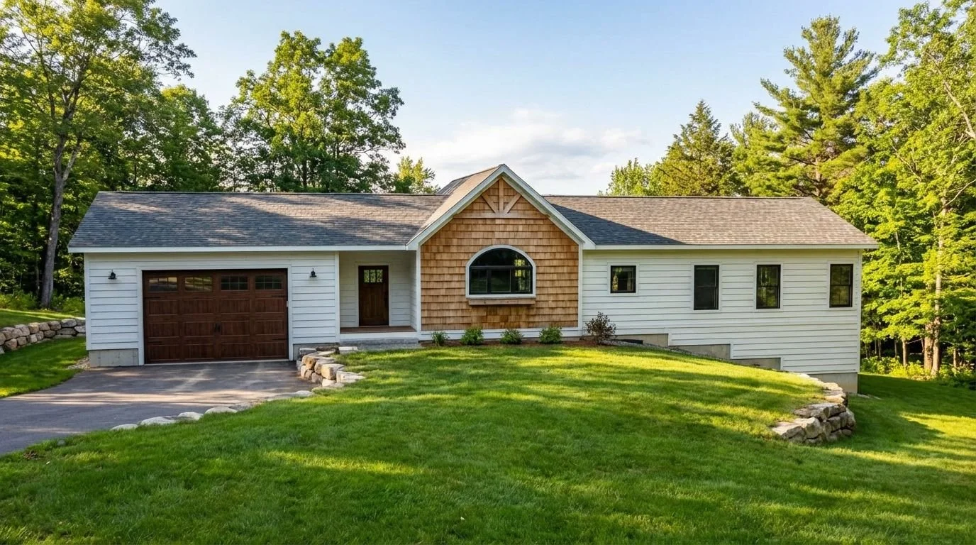 Single-story house with a garage, white siding, brown shingle accents, and a gable roof in a green yard with trees.