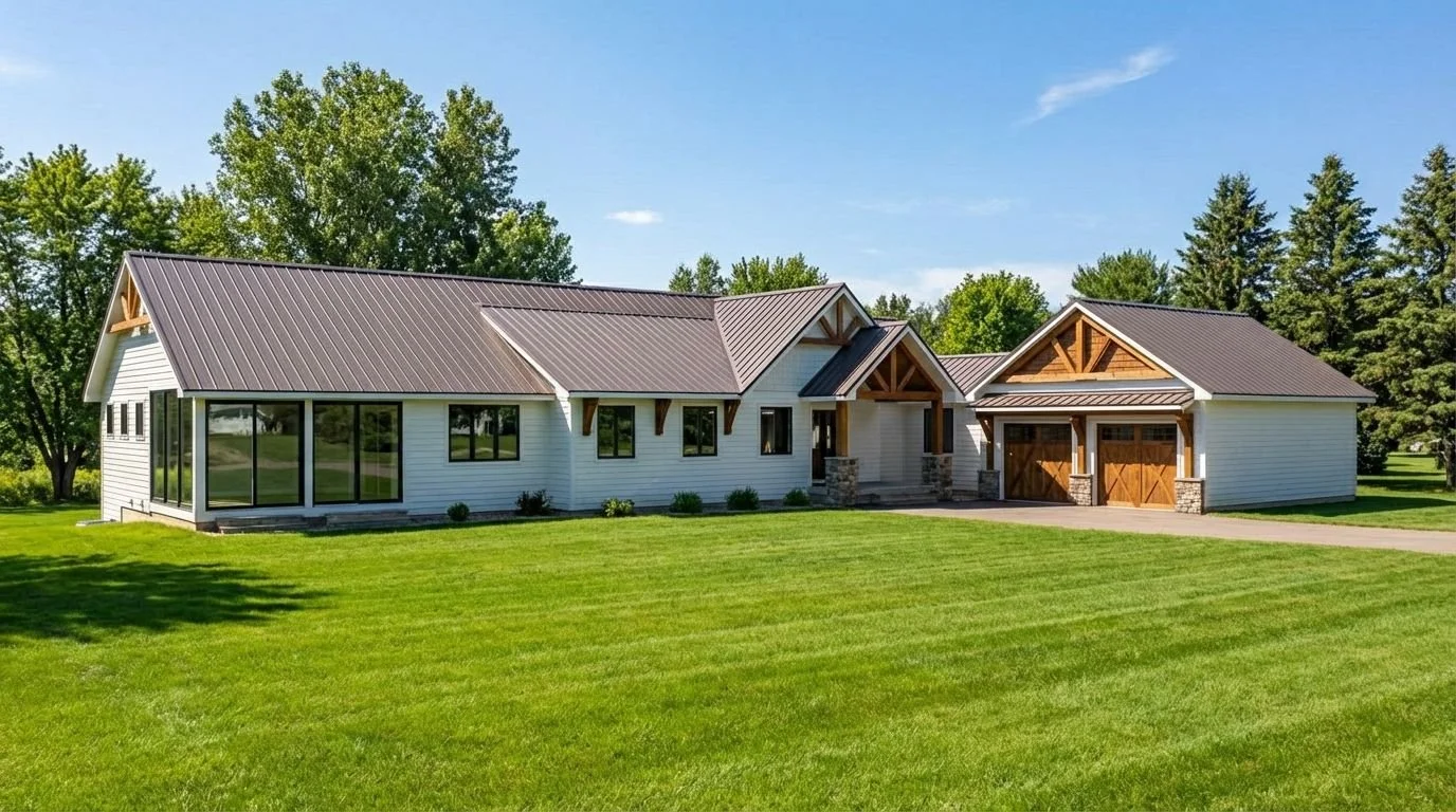 Modern single-story house with white siding, dark metal roof, wooden accents, and a large front lawn under a blue sky.