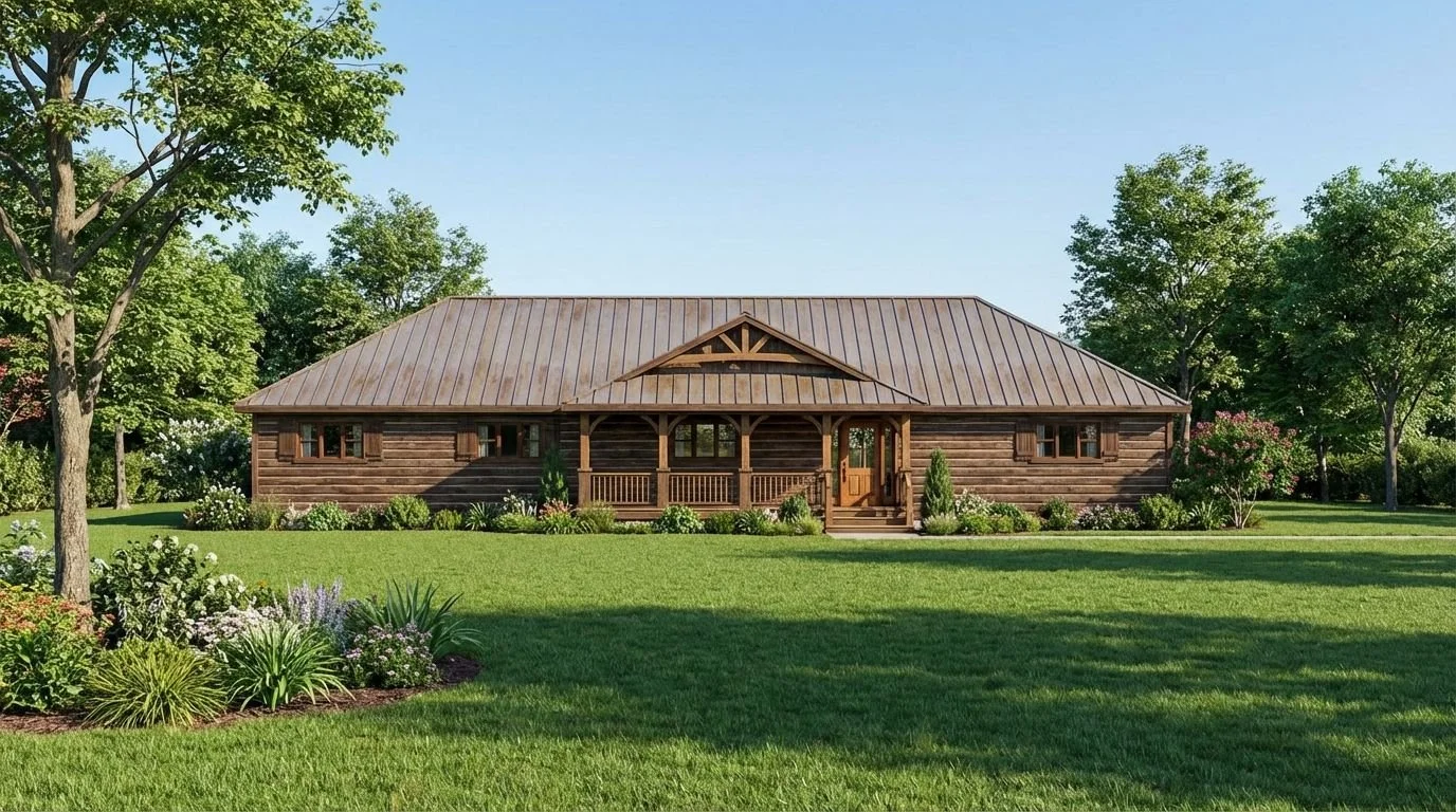 A single-story log cabin with a metal roof, front porch, and wooden steps, surrounded by manicured lawn and trees.