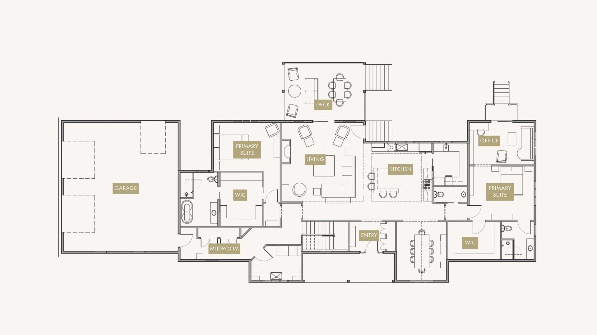 Floor plan of a house showing multiple rooms including a garage, mudroom, primary suites, living room, kitchen, office, and an outdoor deck area with dining and seating arrangements.
