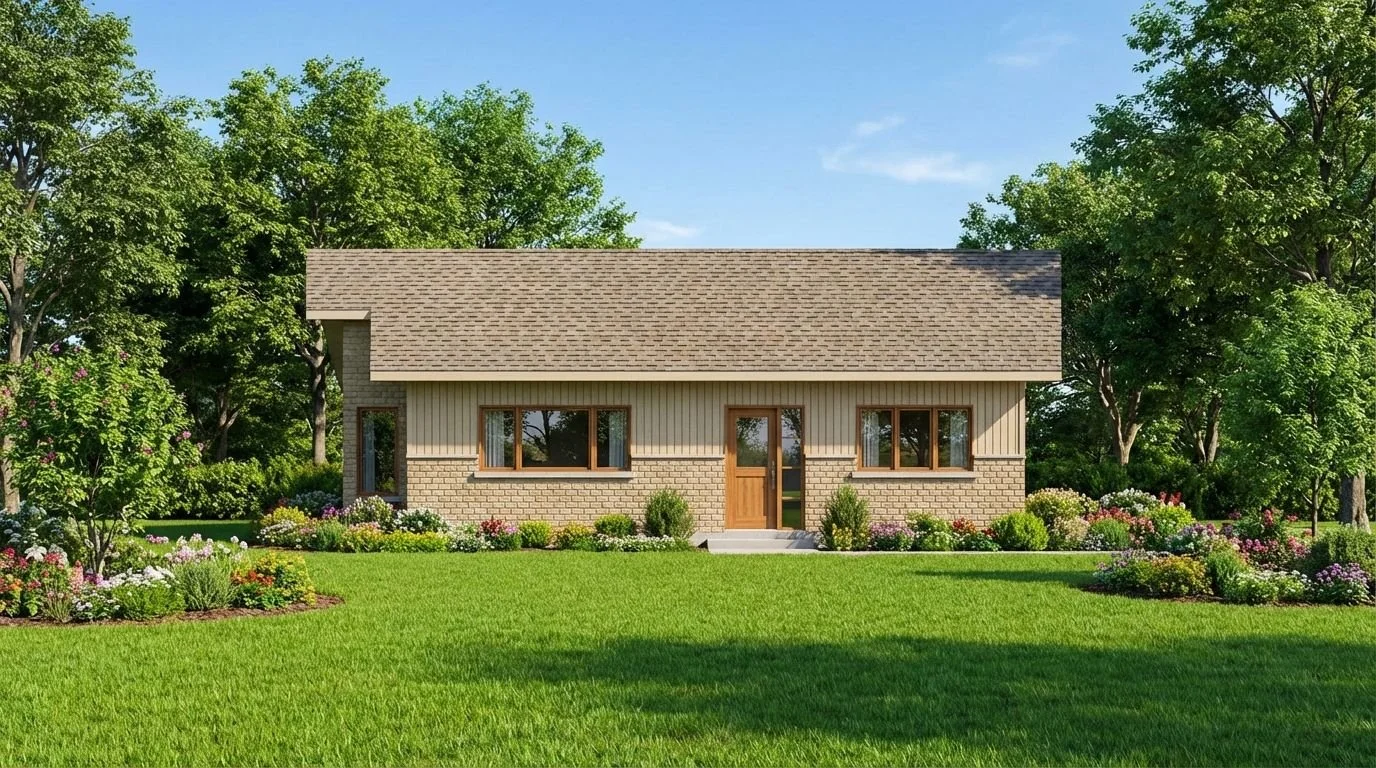 A small, single-story house with a mixed brick and wood exterior, surrounded by a well-maintained lawn and colorful flower beds, with trees in the background under a blue sky.