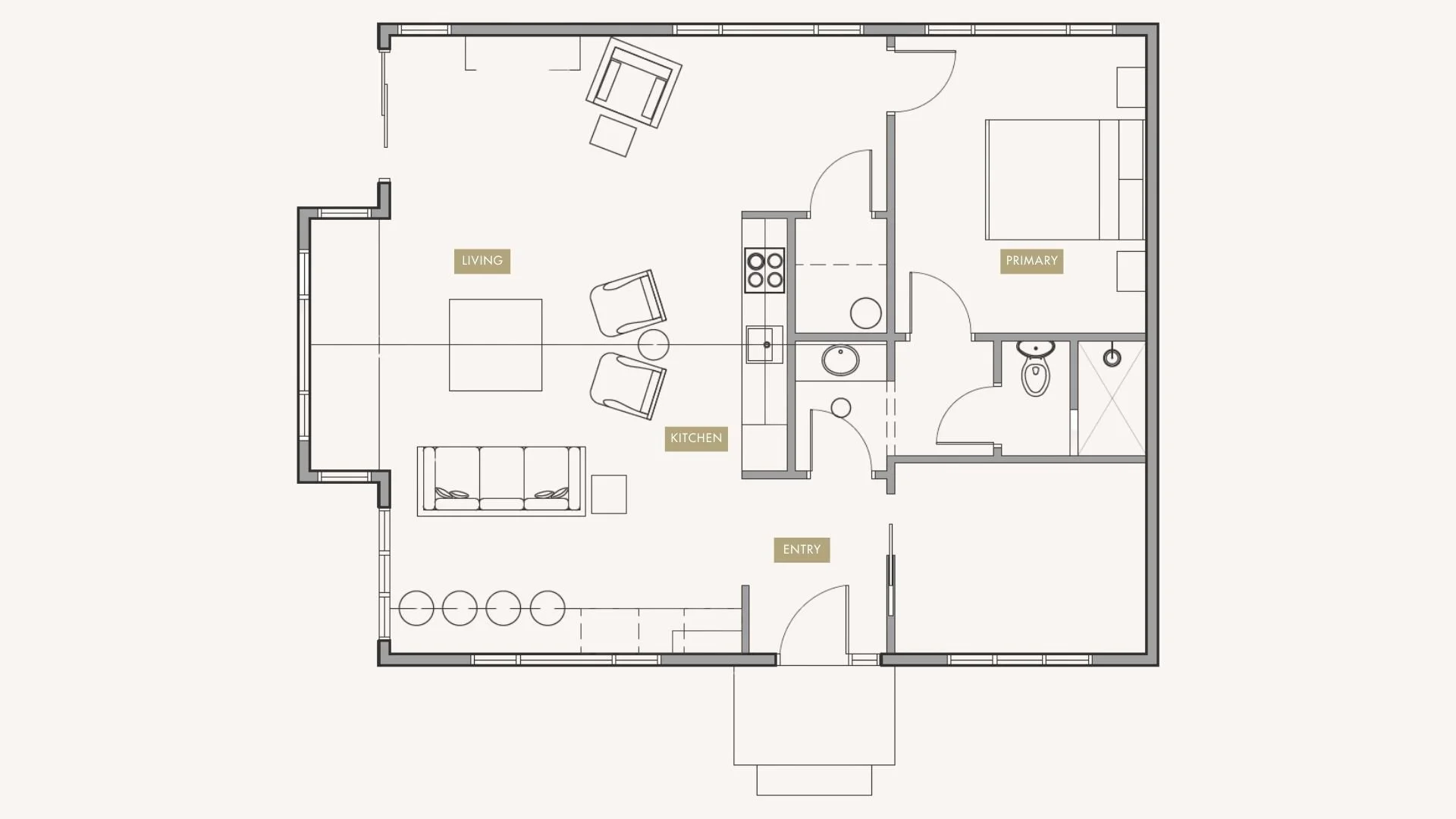 Floor plan of a one-bedroom apartment showing a living area with chairs and a sofa, an open kitchen, a primary bedroom, a bathroom, and an entryway.