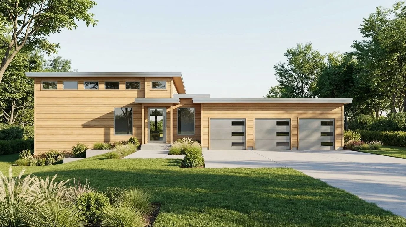 Modern house with wooden siding, three-car garage, and landscaped yard with green grass and shrubs.