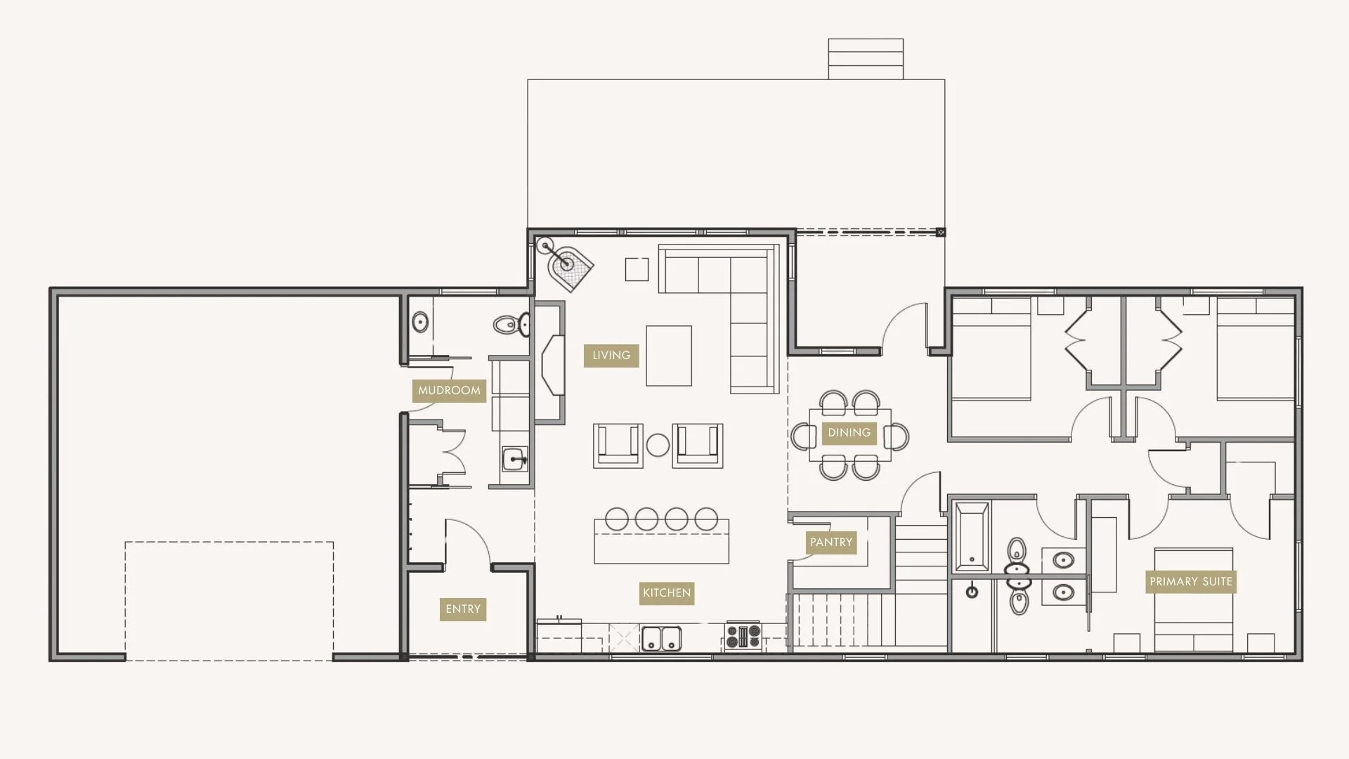 Floor plan of a house with labeled areas including entry, kitchen, pantry, living room, dining room, mudroom, primary suite, and bathrooms.