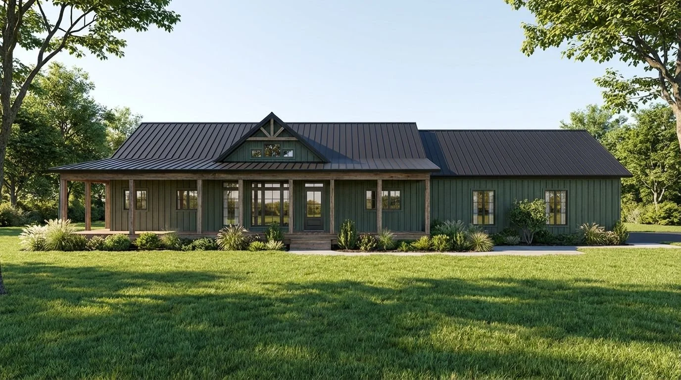 A modern barn-style house with a dark metal roof, green wooden siding, and a front porch supported by wooden posts, surrounded by a well-maintained lawn and trees.
