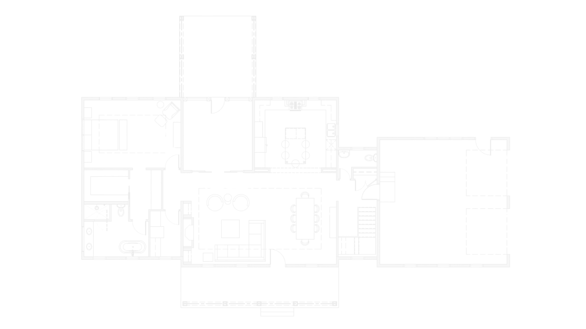 Floor plan of a house showing multiple rooms, including bedrooms, bathrooms, kitchen, living areas, and outdoor spaces.