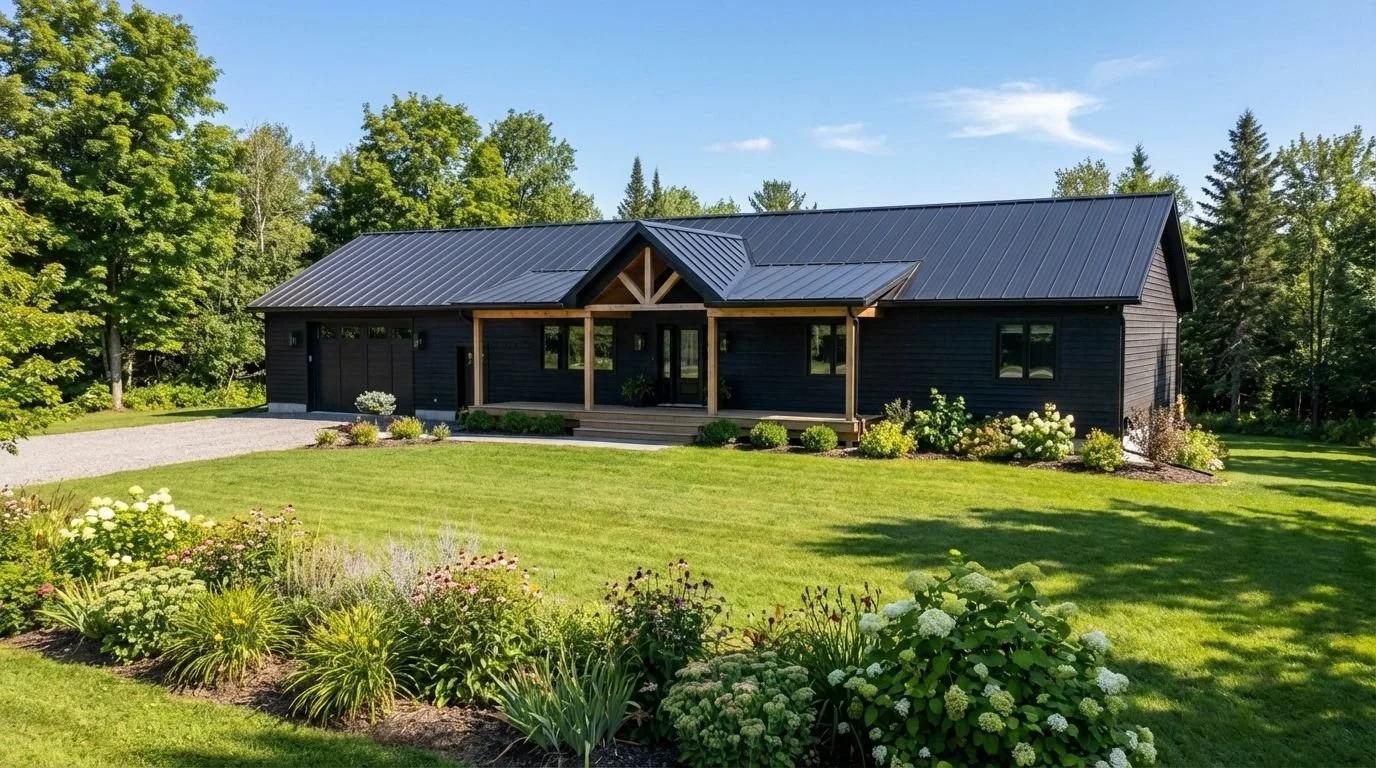 A modern black house with a metal roof, surrounded by well-manicured lawn and lush green trees, with a garden bed in the foreground filled with various flowering plants.