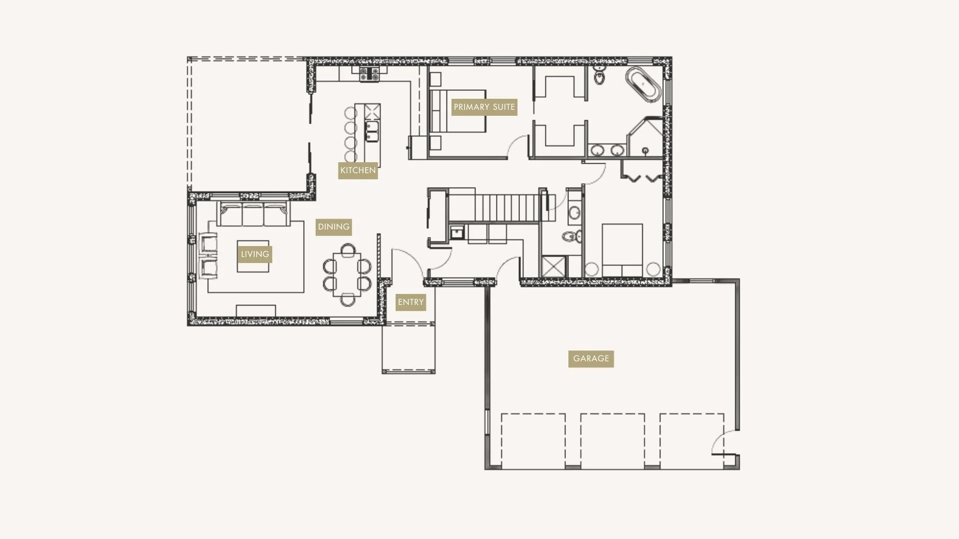 Floor plan of a house showing rooms labeled as Entry, Living, Dining, Kitchen, Primary Suite, and Garage with interior details and layout.